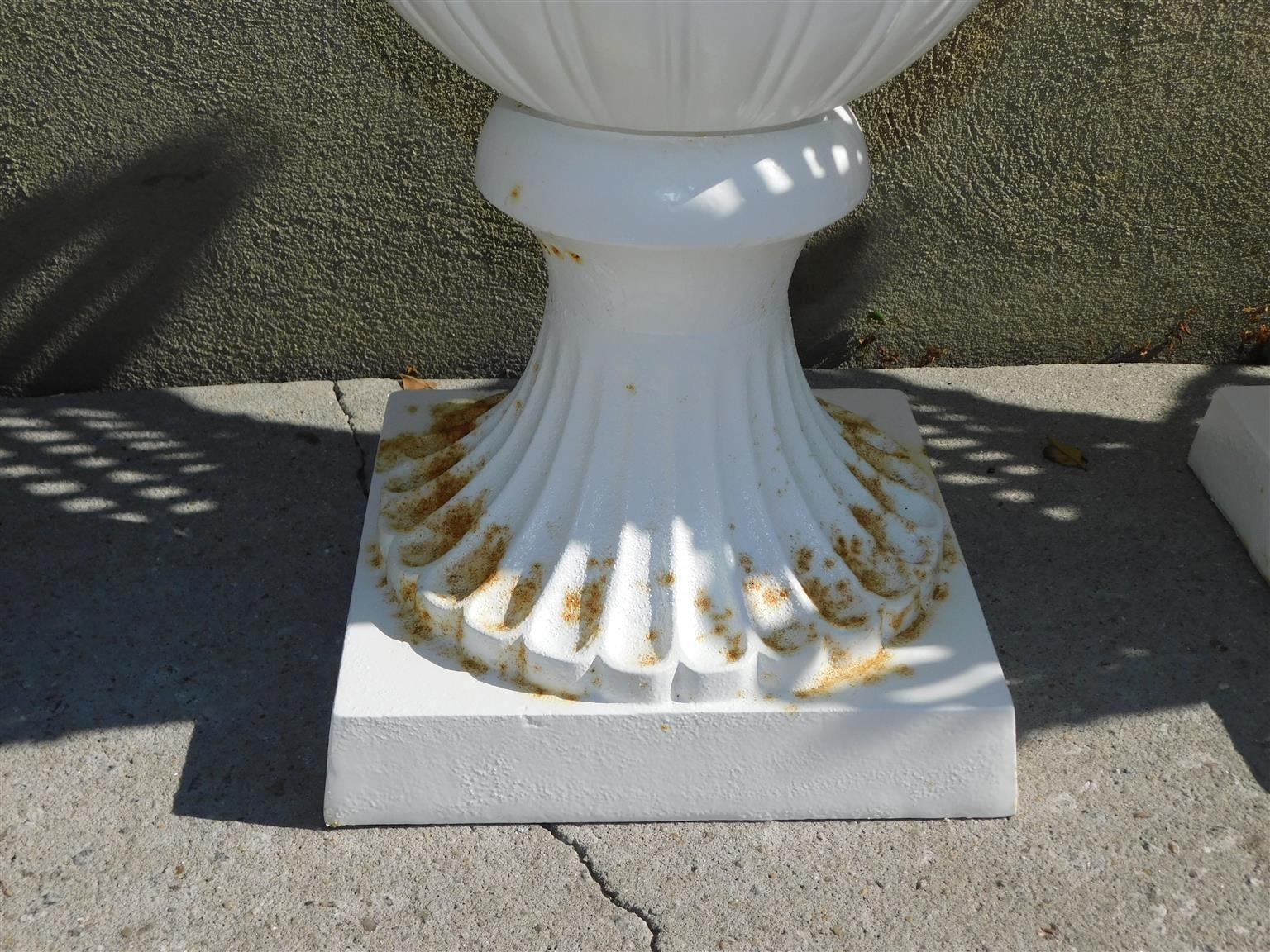 Iron Set of Four American Campana Form Basket Weave Powered Coated Garden Urns, 1850 For Sale