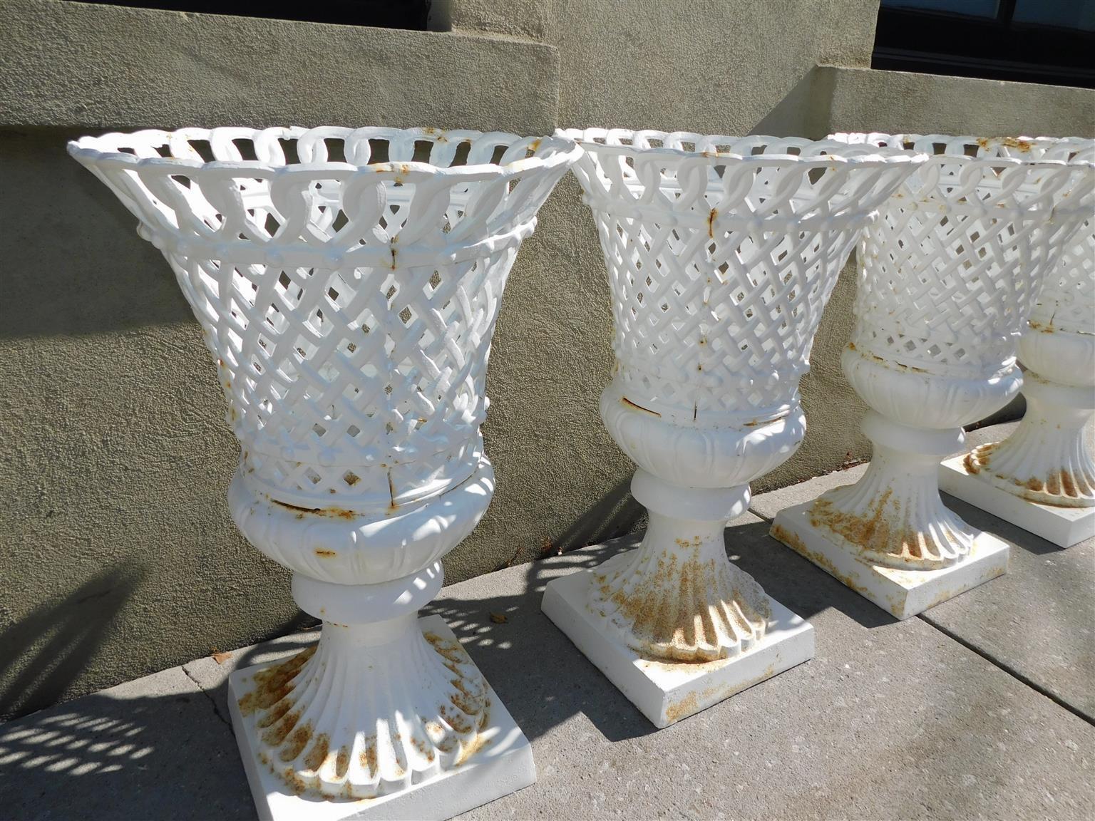 Set of Four American Campana Form Basket Weave Powered Coated Garden Urns, 1850 For Sale 1