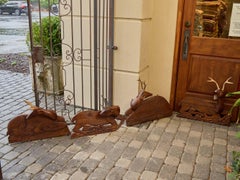 Set of Four American Carved Wood Deer Panels with Antlers, circa 1940