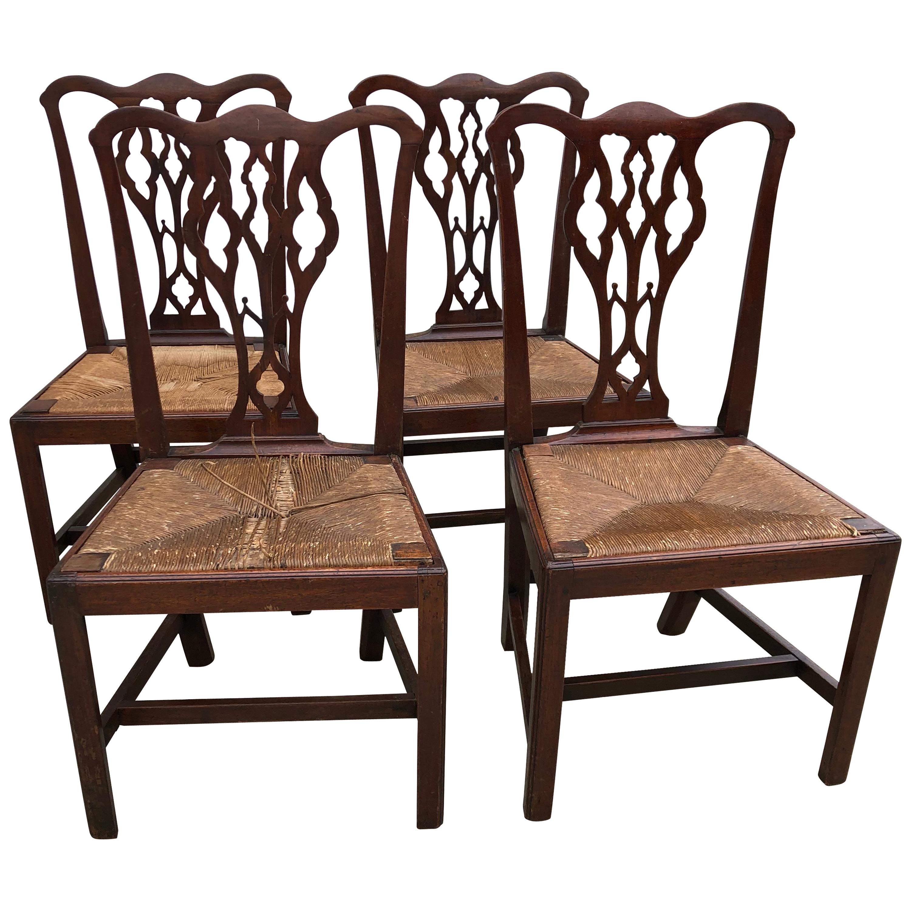 Set of Four American Chippendale Walnut Side Chairs, Slip Rush Seats, circa 1770 For Sale