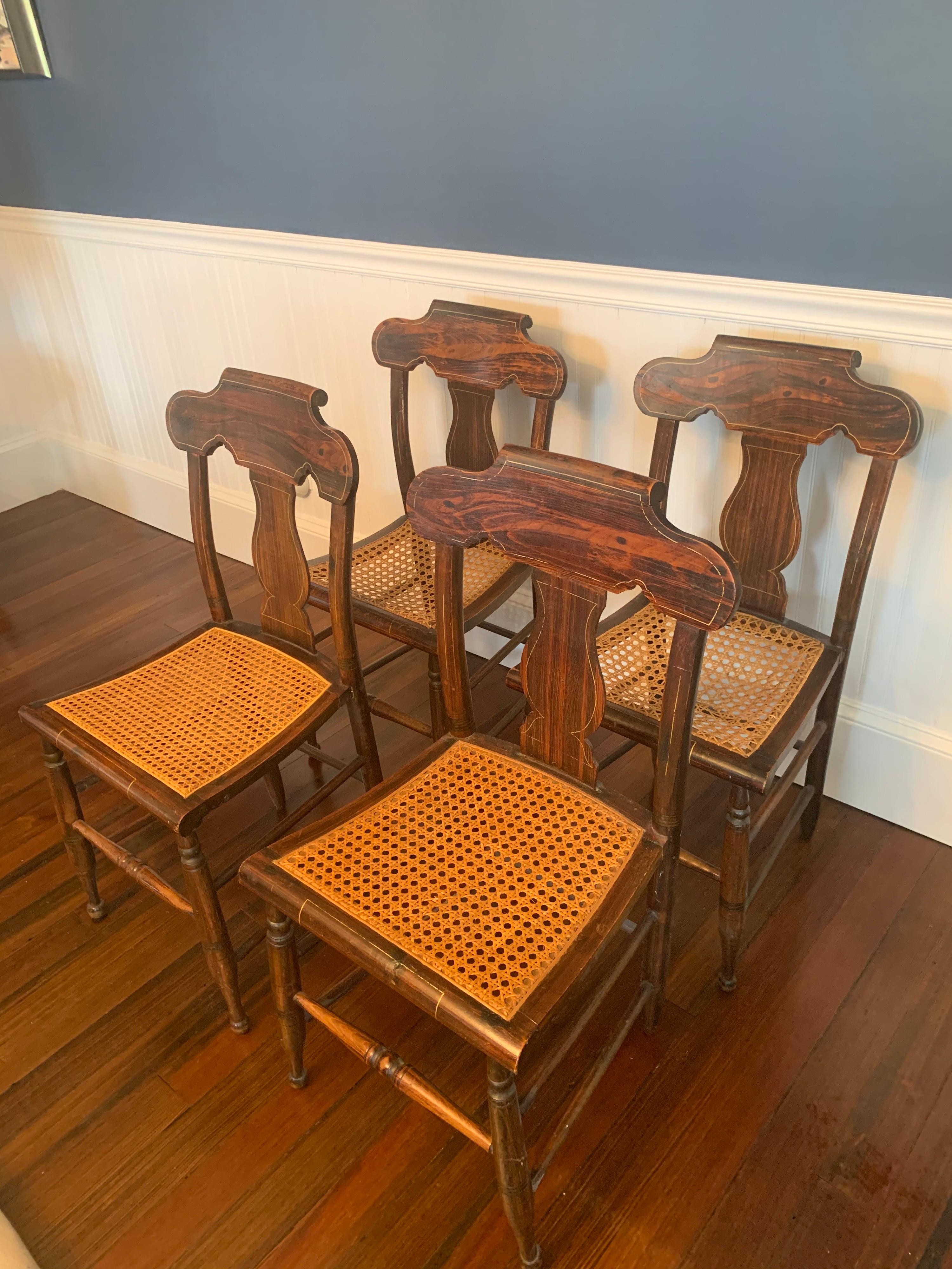 Faux Bois Set of Four American Classical Painted Faux Grain Rosewood & Caned Dining Chairs For Sale
