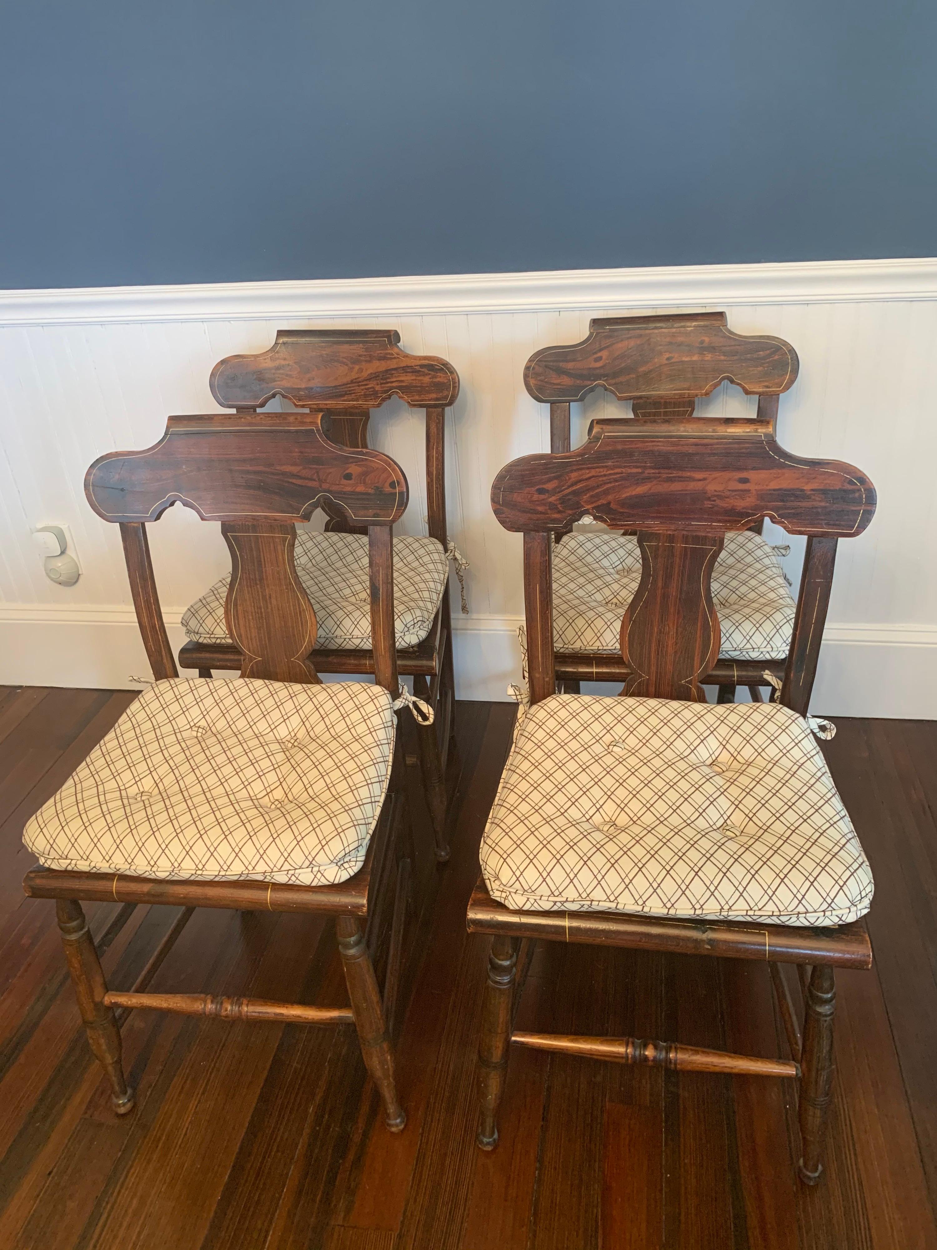 Set of Four American Classical Painted Faux Grain Rosewood & Caned Dining Chairs In Fair Condition For Sale In Southampton, NY