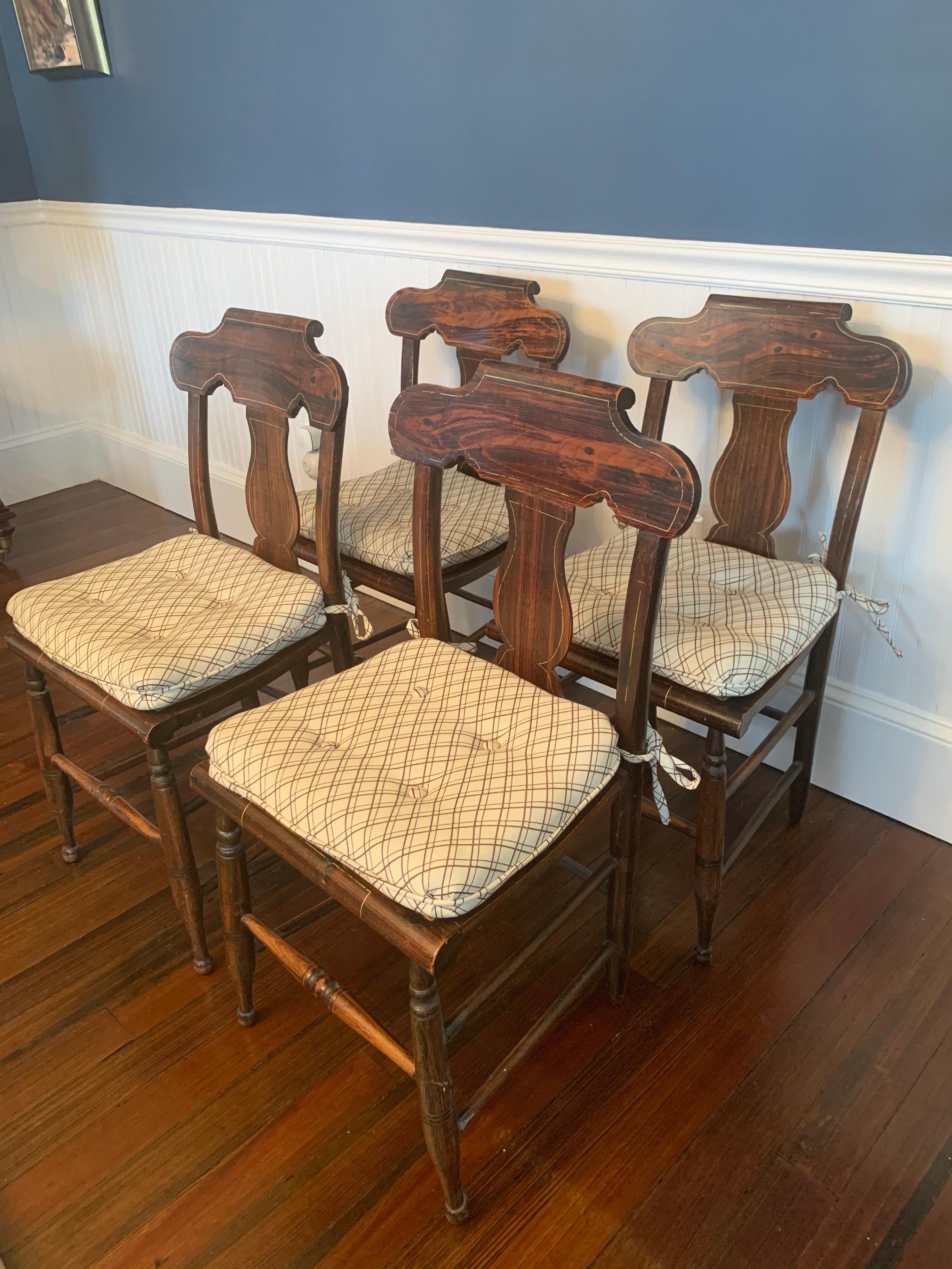 19th Century Set of Four American Classical Painted Faux Grain Rosewood & Caned Dining Chairs For Sale
