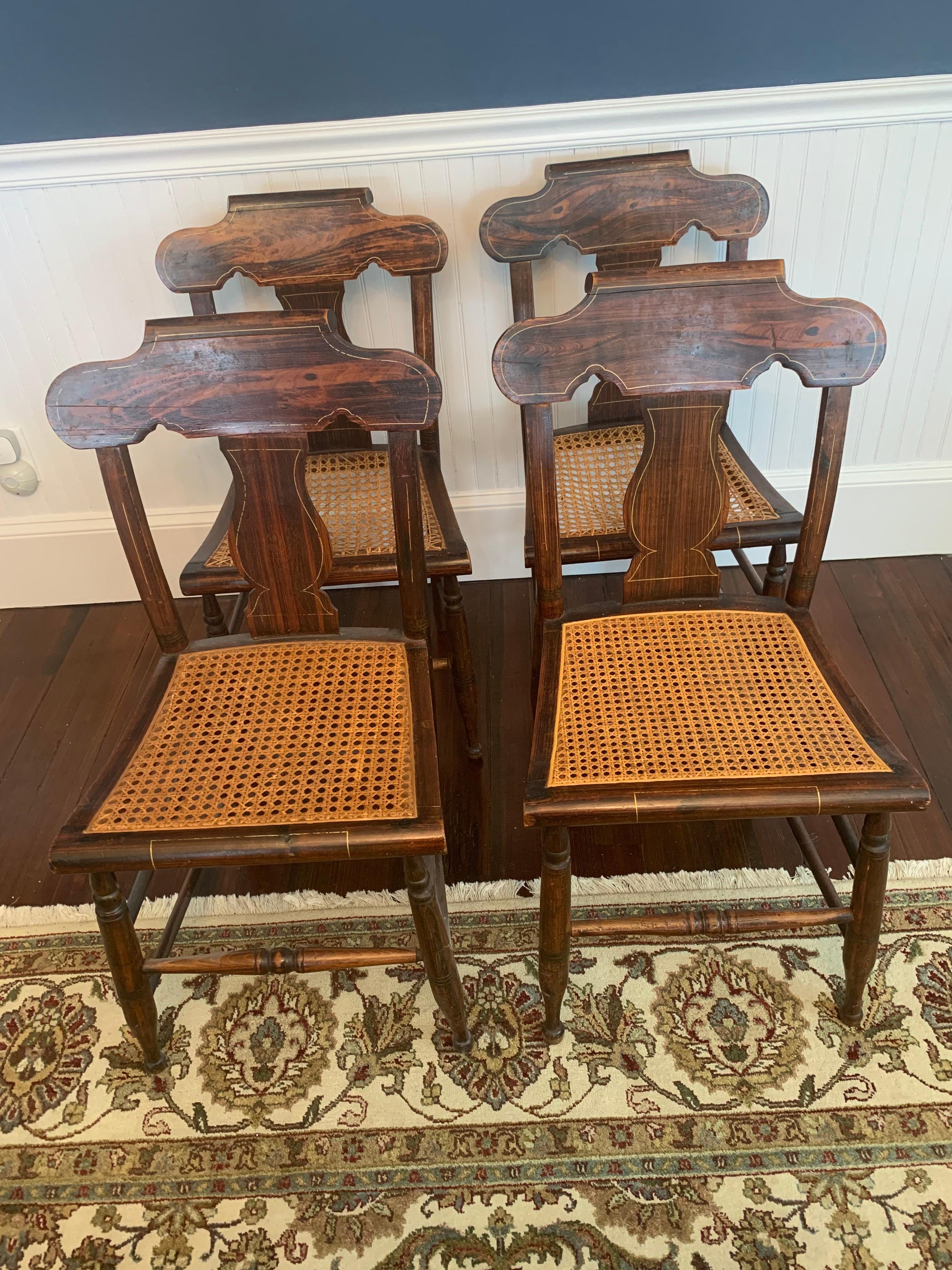 Set of Four American Classical Painted Faux Grain Rosewood & Caned Dining Chairs For Sale 2