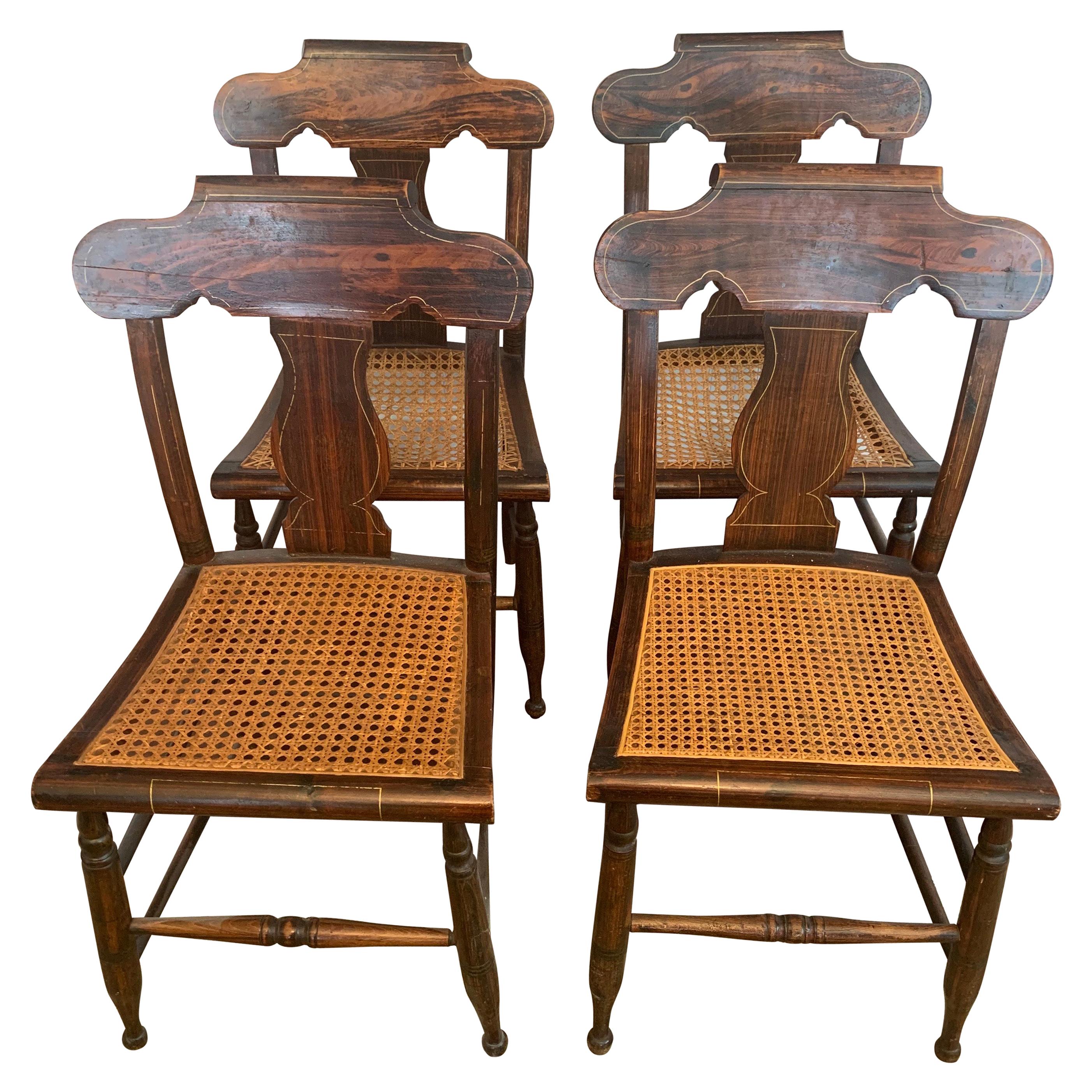 Set of Four American Classical Painted Faux Grain Rosewood & Caned Dining Chairs