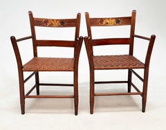 Set of Four American Colonial Revival Hand-Painted Armchairs, Woven Splint Seats