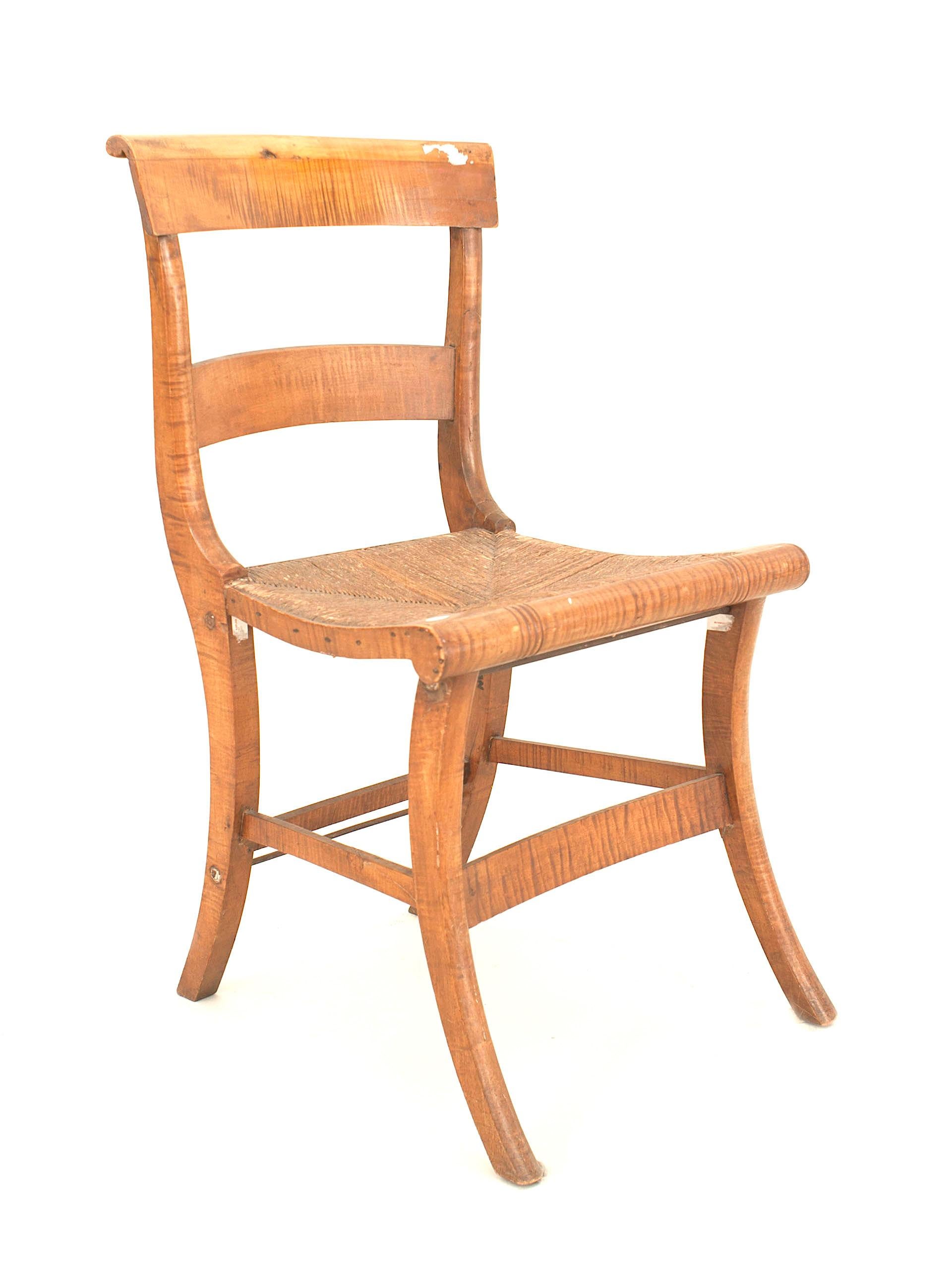 Set of 4 American Country Federal style (19th Cent) tiger maple side chairs with a stretcher and rush seat
