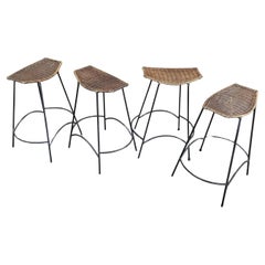 Set of Four American MCM Iron & Wicker Counter / Barstools by Arthur Umanoff