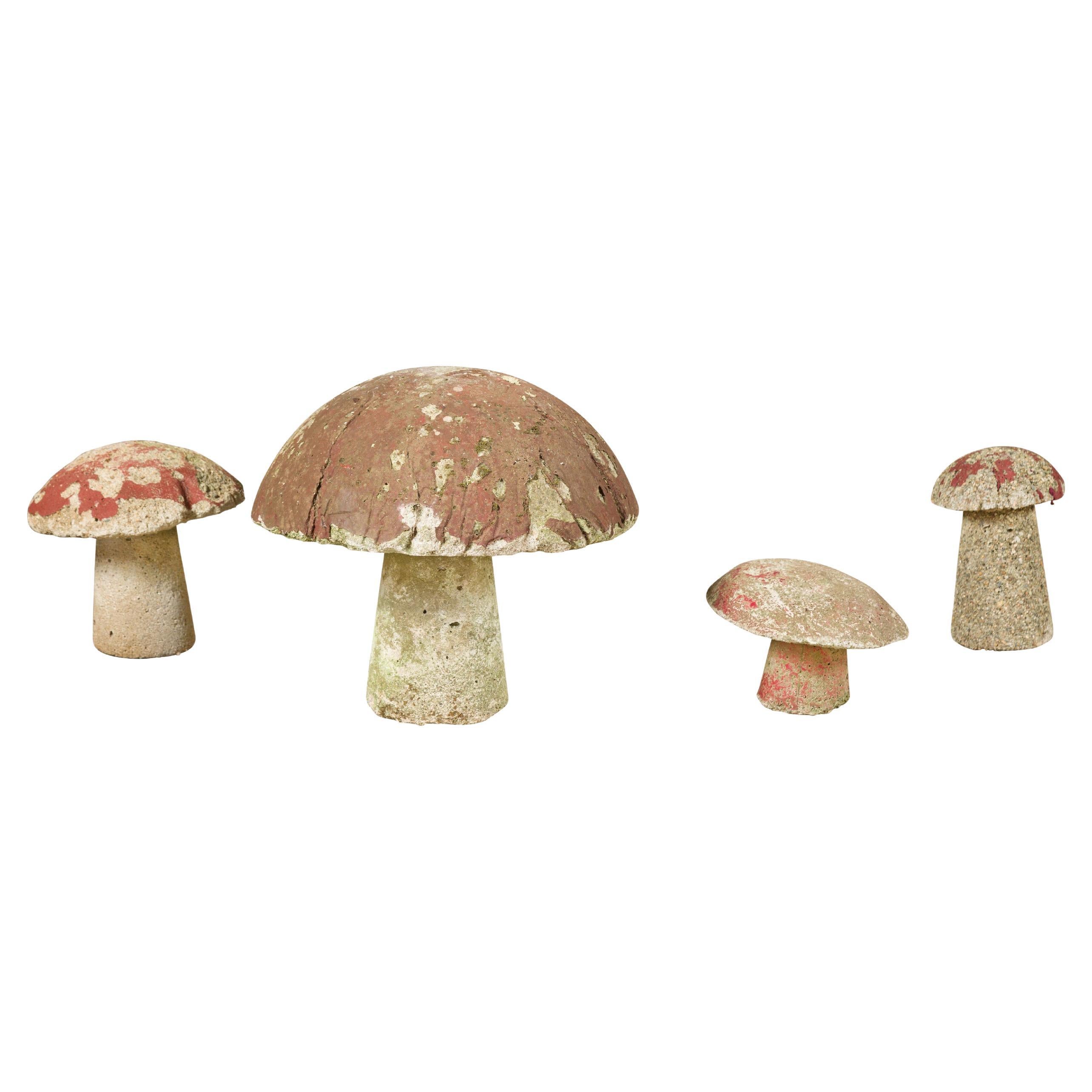 Set of Four American Midcentury Painted Concrete Mushroom Garden Ornaments For Sale