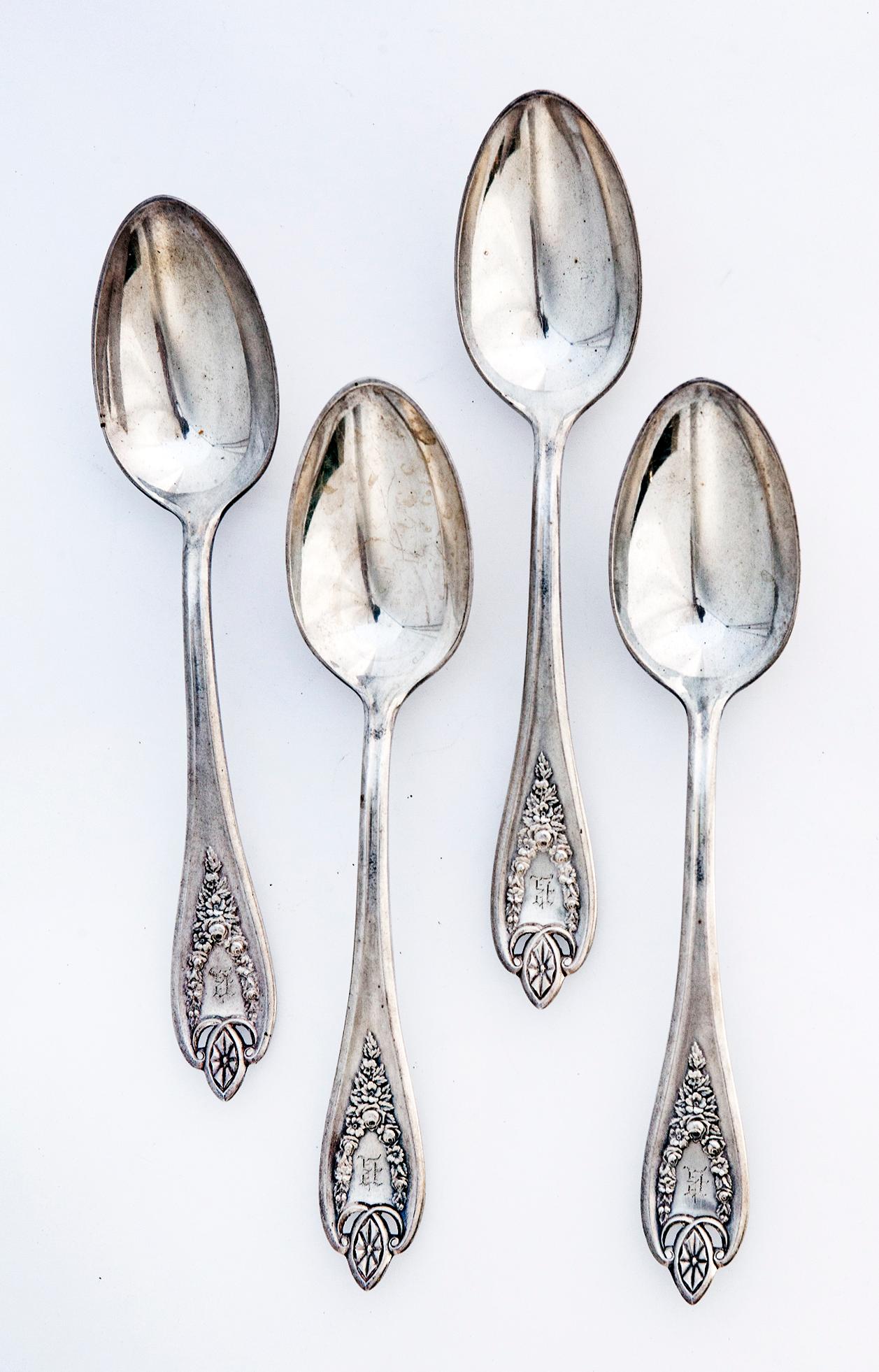Machine-Made Set of Four American Monogramed Silverplate Tablespoons 