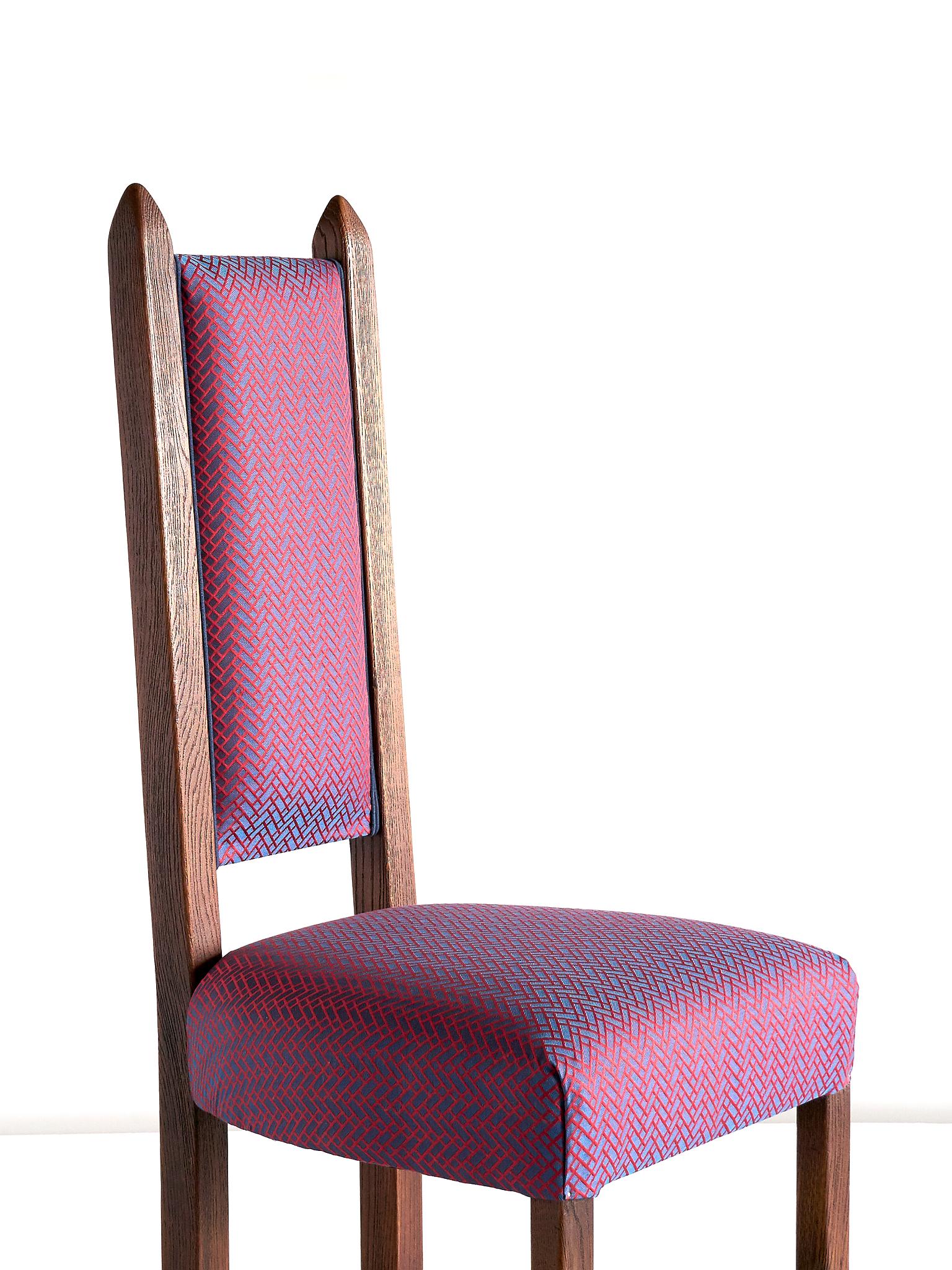 Dutch Set of Four Amsterdam School Chairs in Oak and Hermès Jacquard Fabric, 1920s