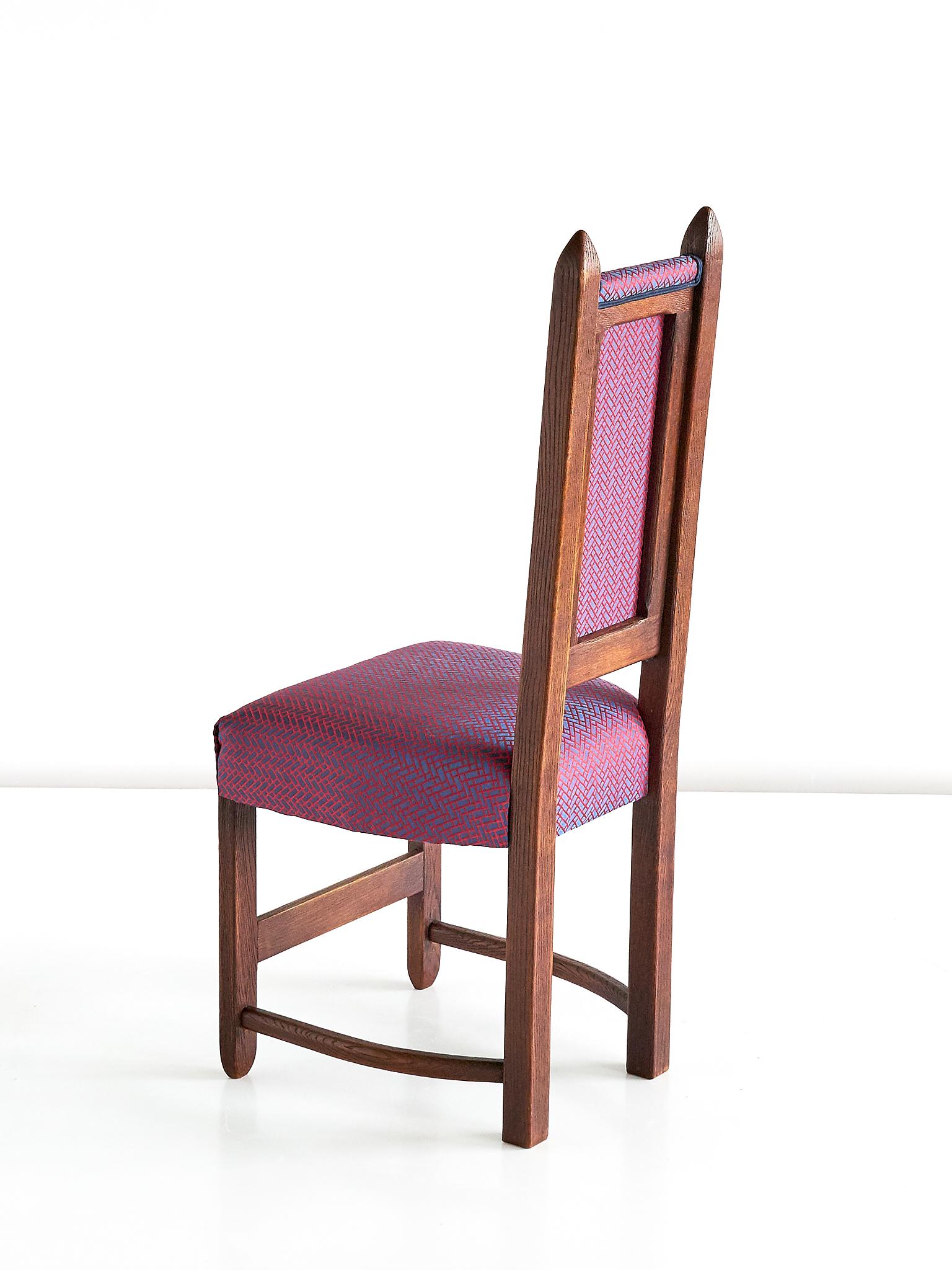 Early 20th Century Set of Four Amsterdam School Chairs in Oak and Hermès Jacquard Fabric, 1920s
