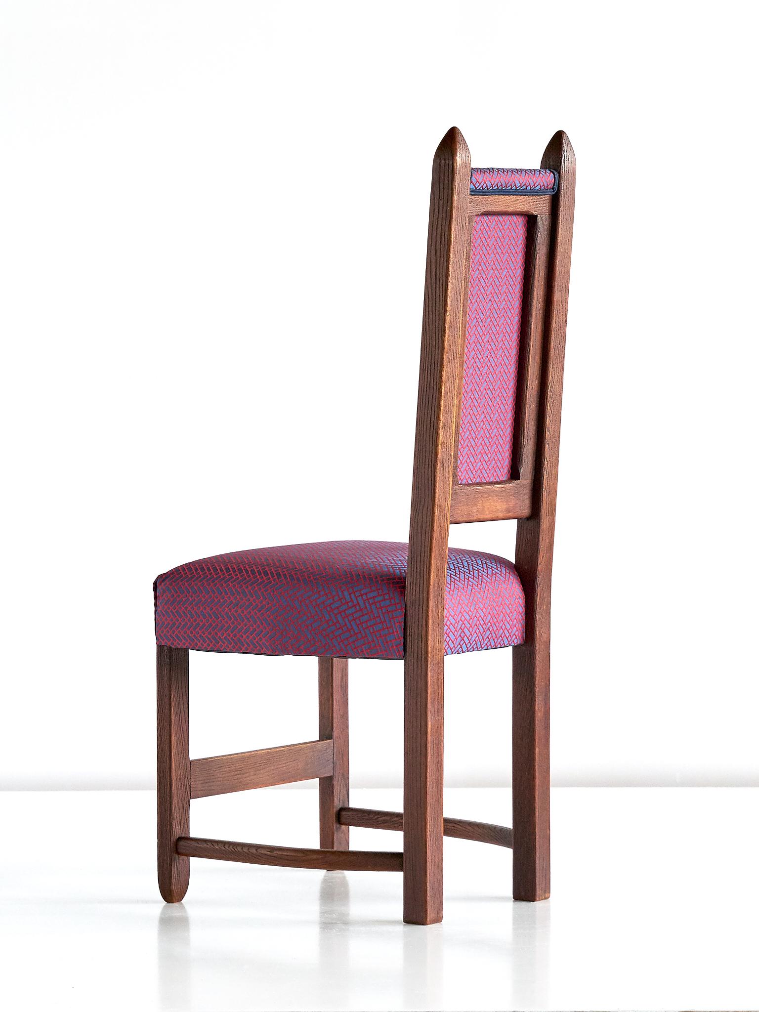 Upholstery Set of Four Amsterdam School Chairs in Oak and Hermès Jacquard Fabric, 1920s
