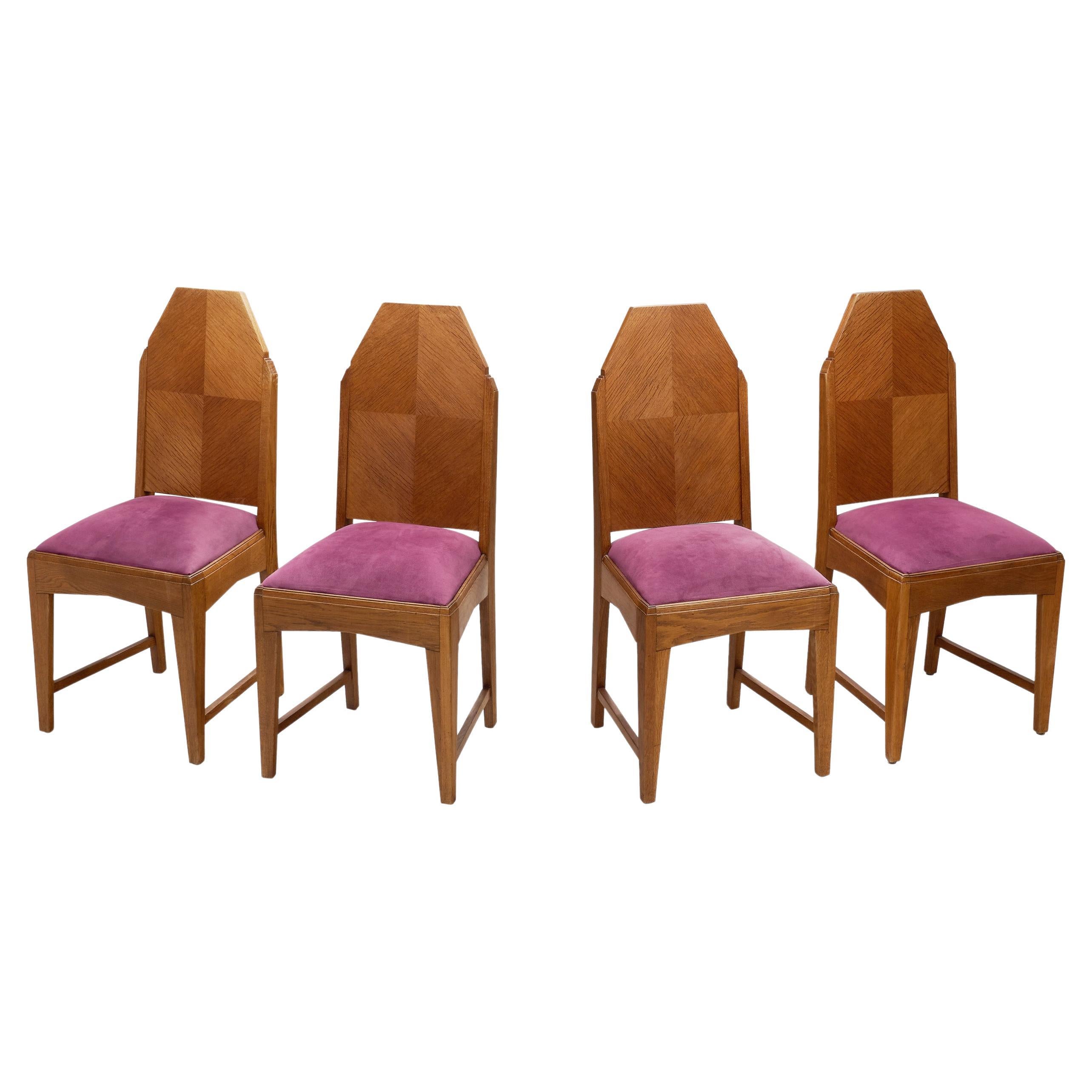 Set of Four Amsterdamse School Oak Dining Chairs, The Netherlands 1920s For Sale