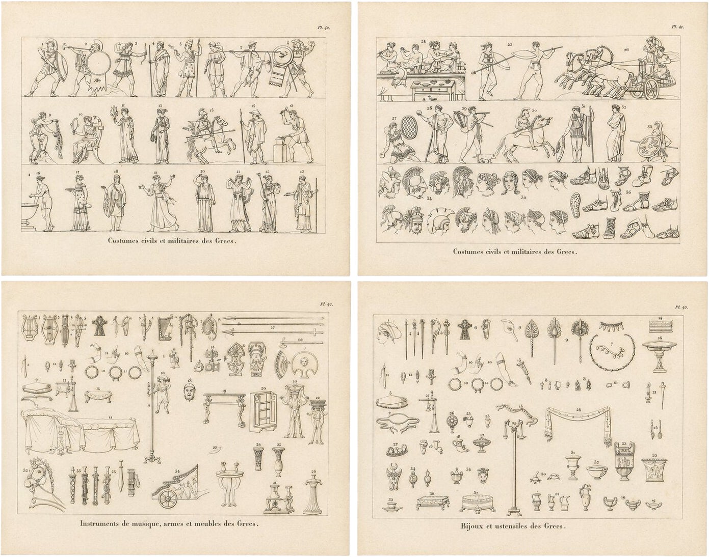 Set of Four Ancient Greek Costume, Arms and Decorative Arts Prints, 1825