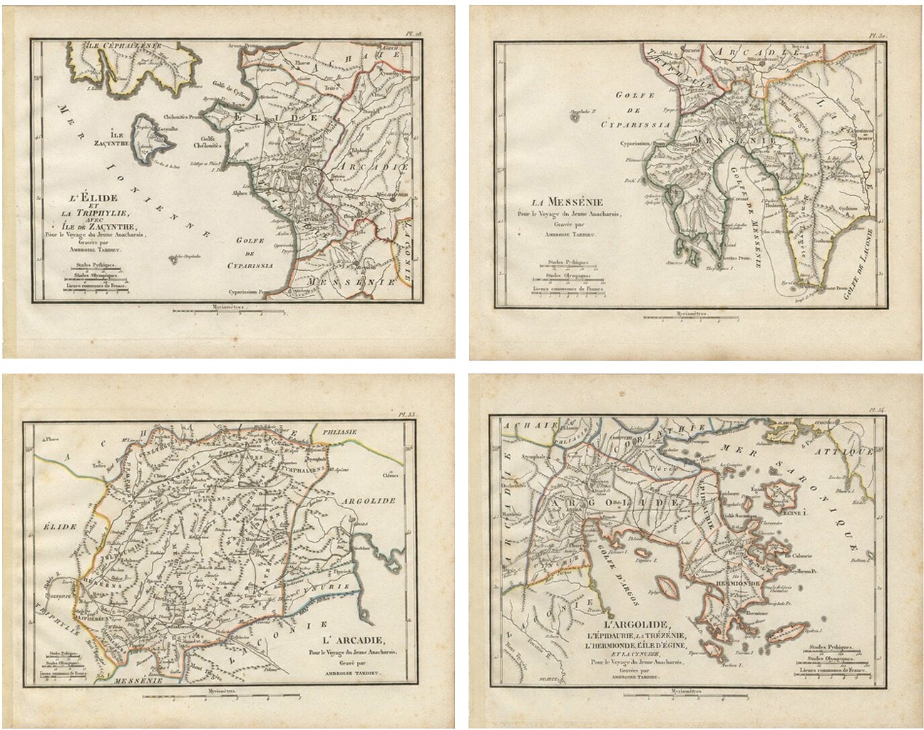 Set of Four Ancient Peloponnese and Greek Islands Maps, Tardieu, 1825