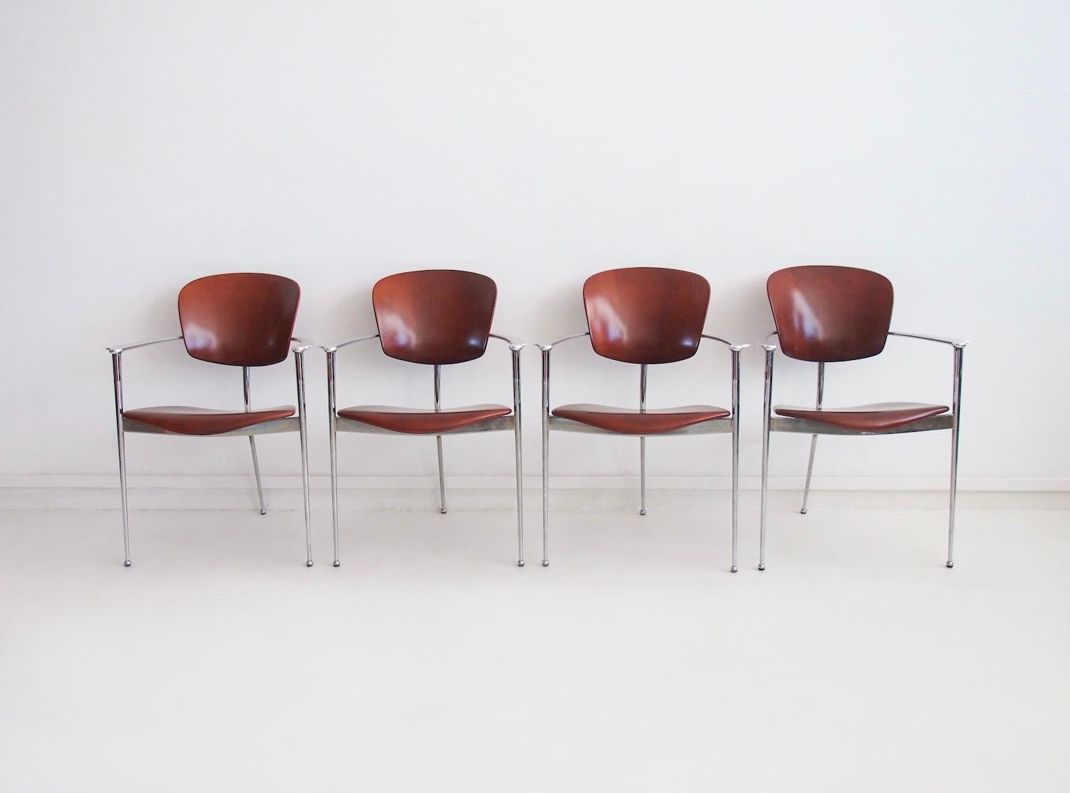 Set of four sculptural chairs, model Andrea, designed in 1986 by Josep Lluscà (Barcelona, 1948) for Andreu World. The Andrea chair was born more than thirty years ago when Josep Llusca successfully tested a solution to the problems of stability of a