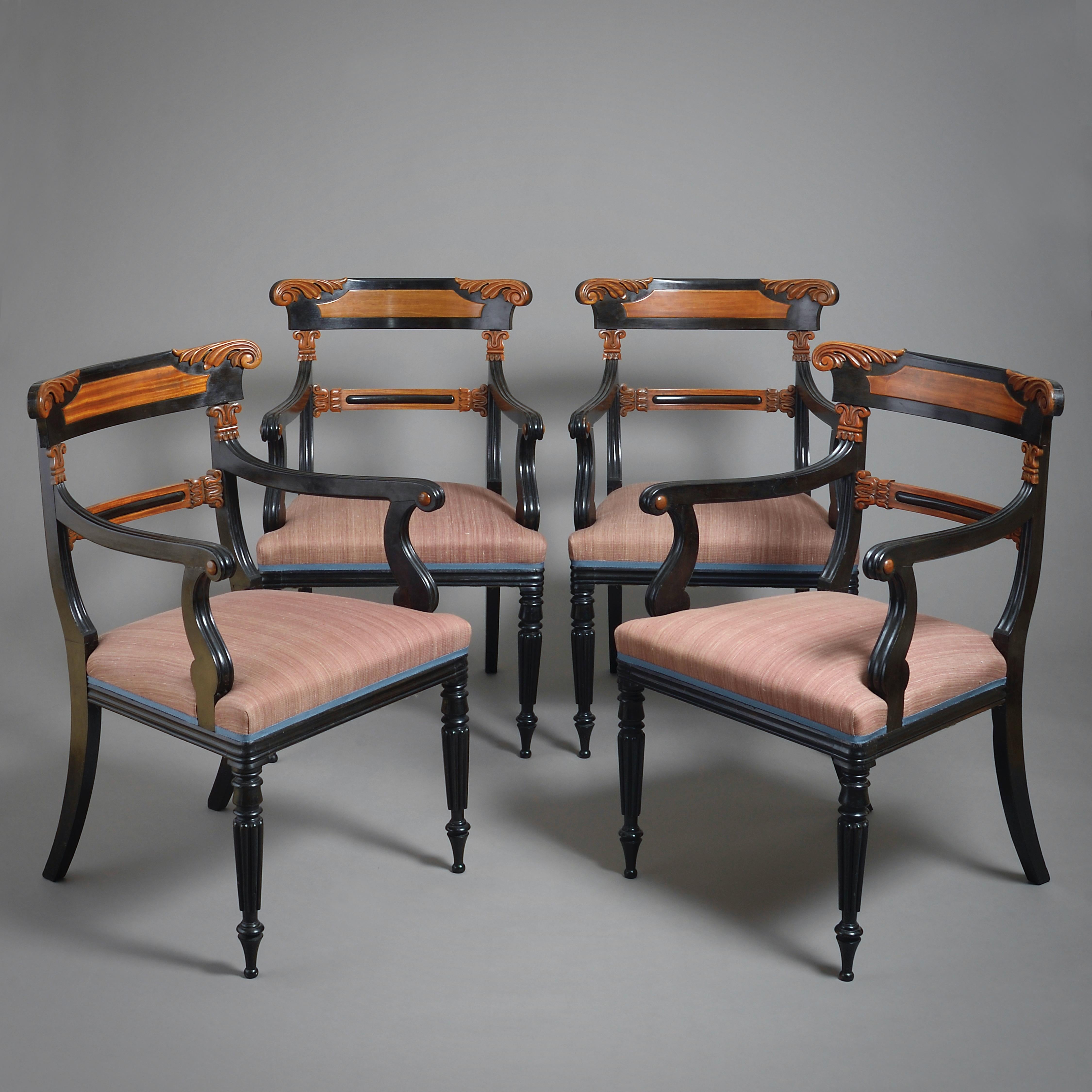A FINE SET OF FOUR ANGLO-INDIAN SATINWOOD, EBONY AND EBONISED ARMCHAIRS, Circa 1830