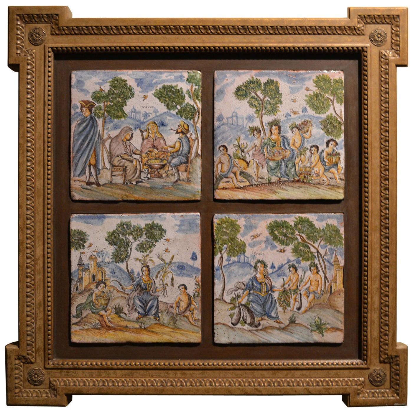 Set of Four Antique 19th Century European Hand Painted Tiles in Wooden Frame For Sale
