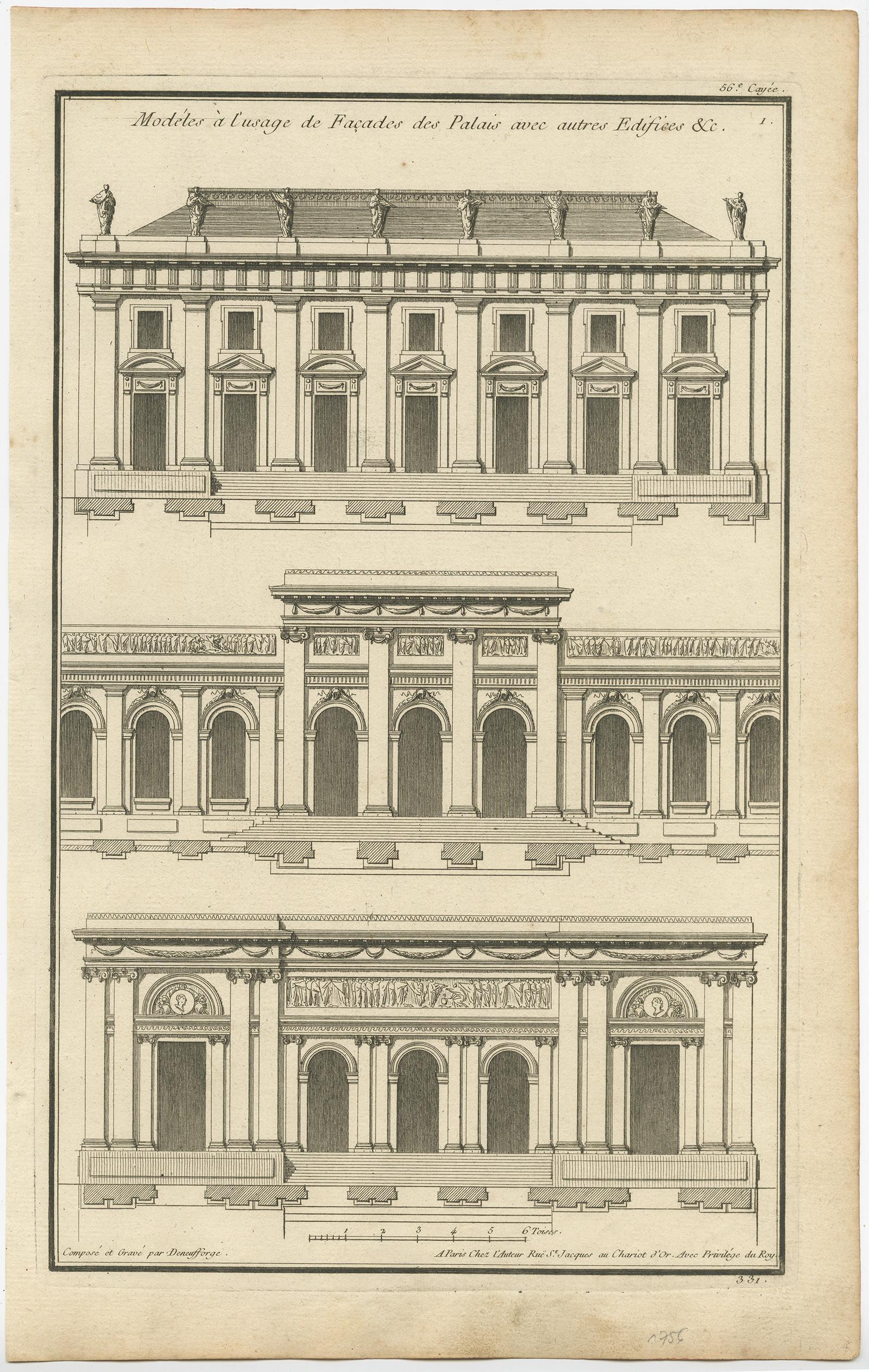 Satz von vier Architekturdrucken, die verschiedene Palastfassaden darstellen. Diese Drucke stammen aus dem 