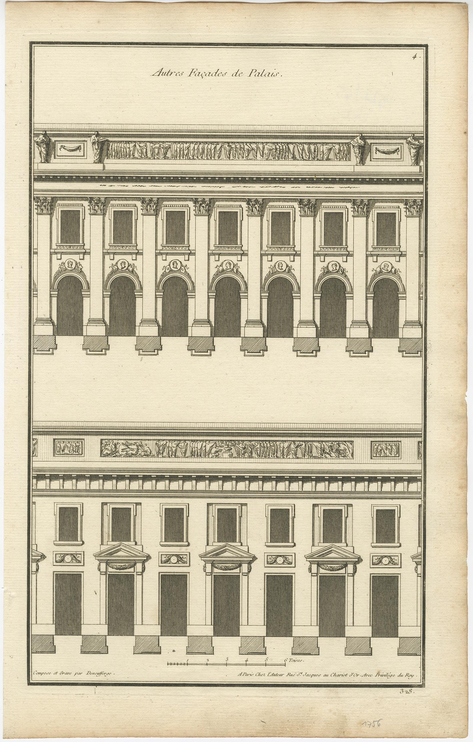 Set von vier antiken Architekturdrucken von Palastfassaden von Neufforge im Zustand „Gut“ im Angebot in Langweer, NL