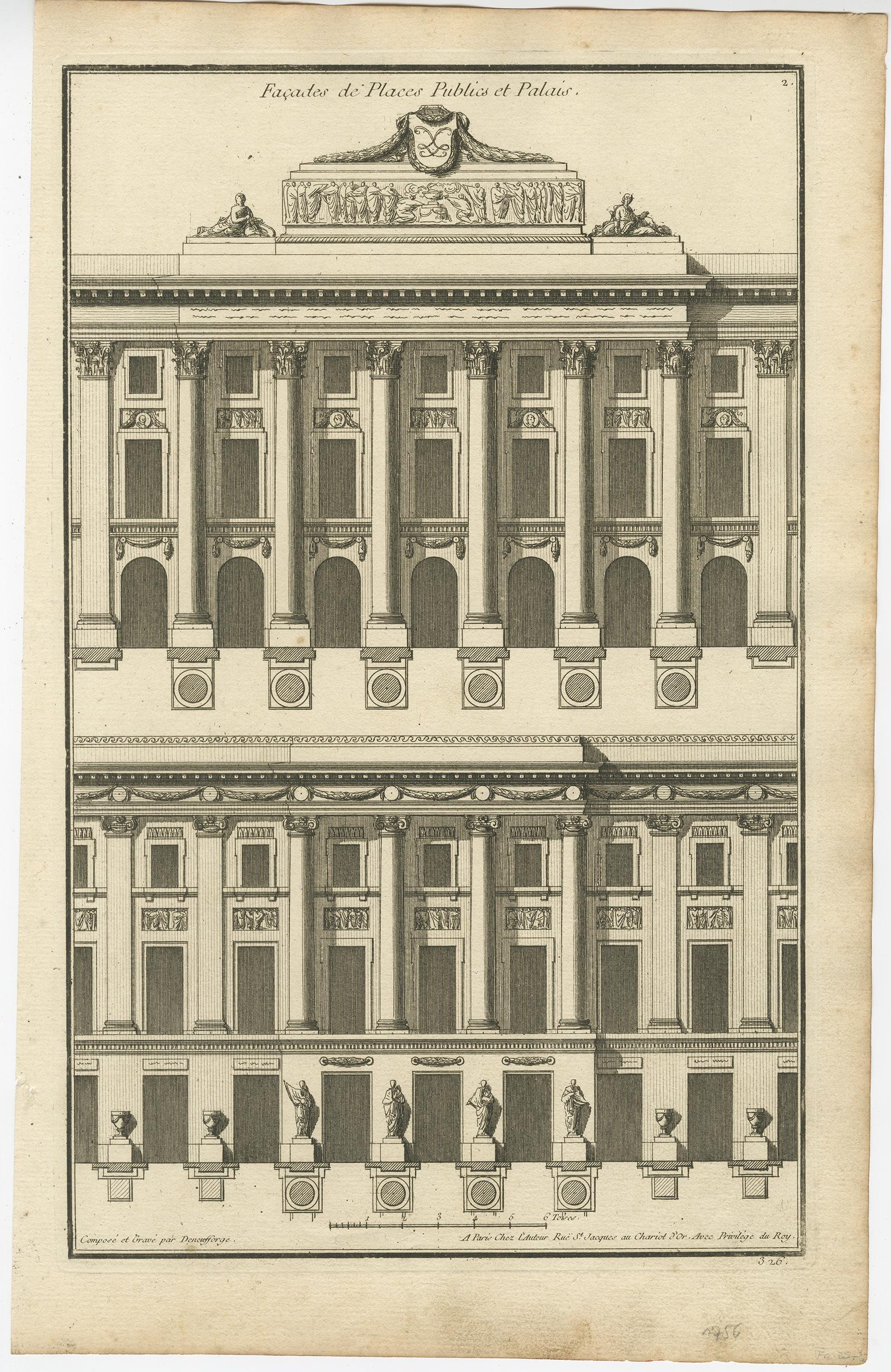 Set von vier antiken Architekturdrucken von Palastfassaden von Neufforge (18. Jahrhundert) im Angebot