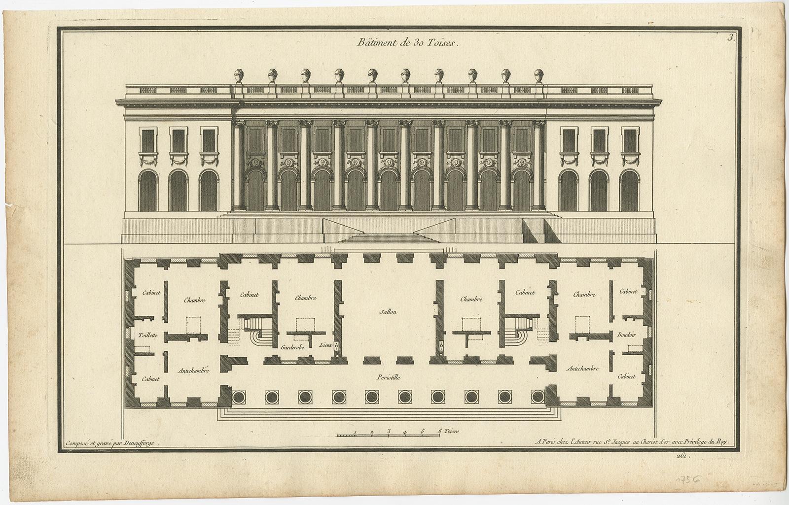 Set of four architecture prints depicting various building facades and plans. The prints state 'Toises', which was one of the fundamental units of length in France. These prints originate from 'Recueil Élémentaire d’Architecture' by Jean-Francois de