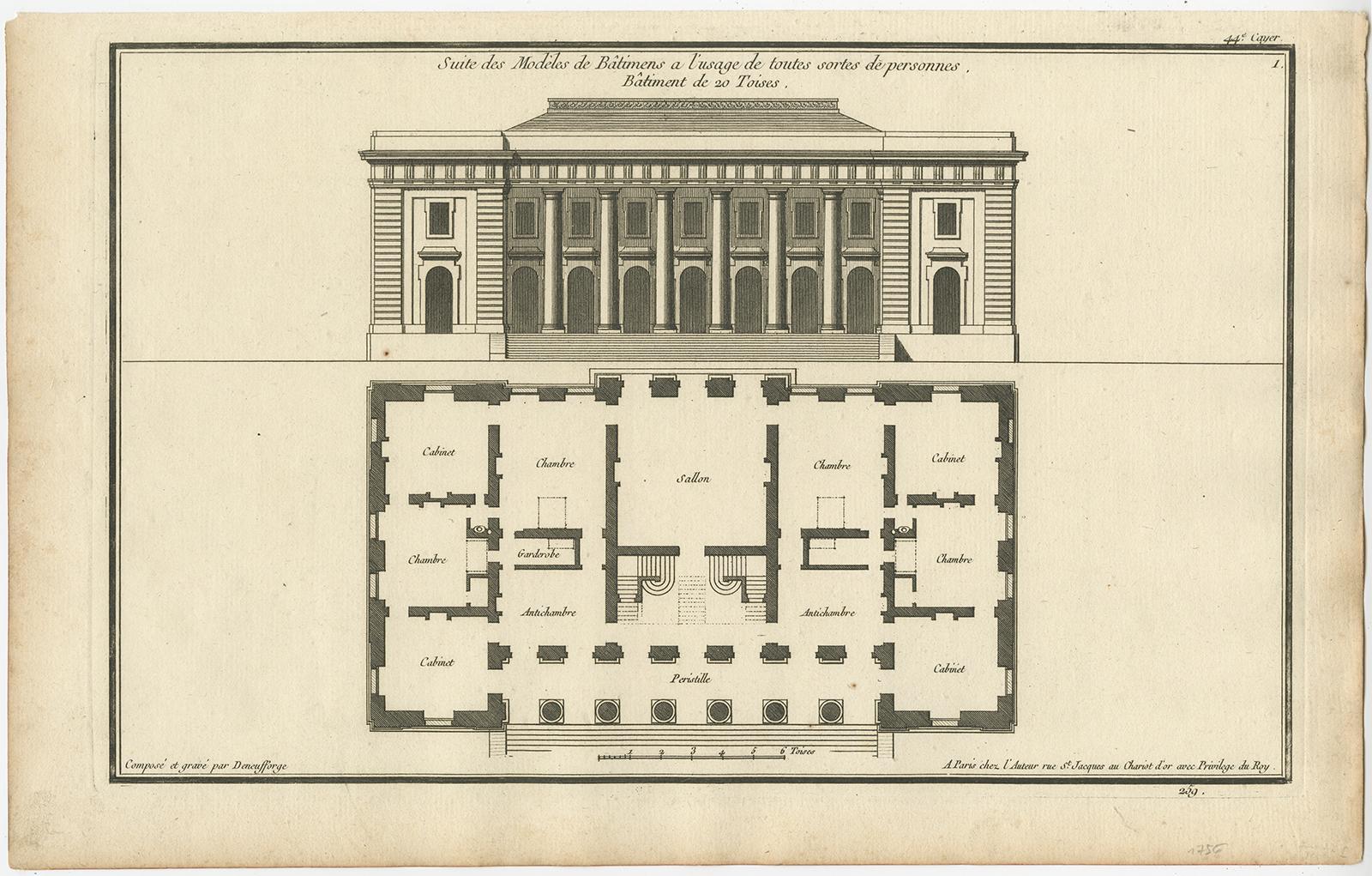 Paper Set of Four Antique Archicture Prints of Various Building Plans and Facades For Sale