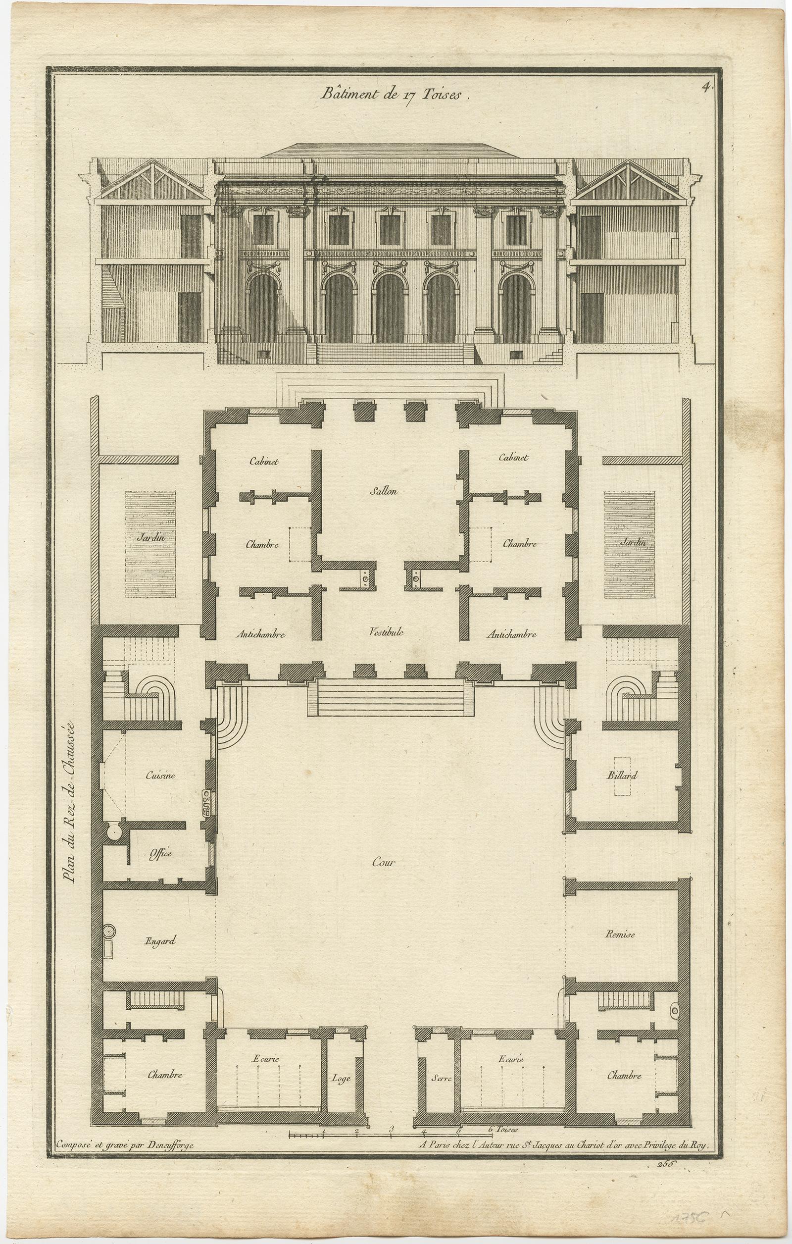 Papier Ensemble de quatre gravures anciennes de divers plans et façades de bâtiments en vente