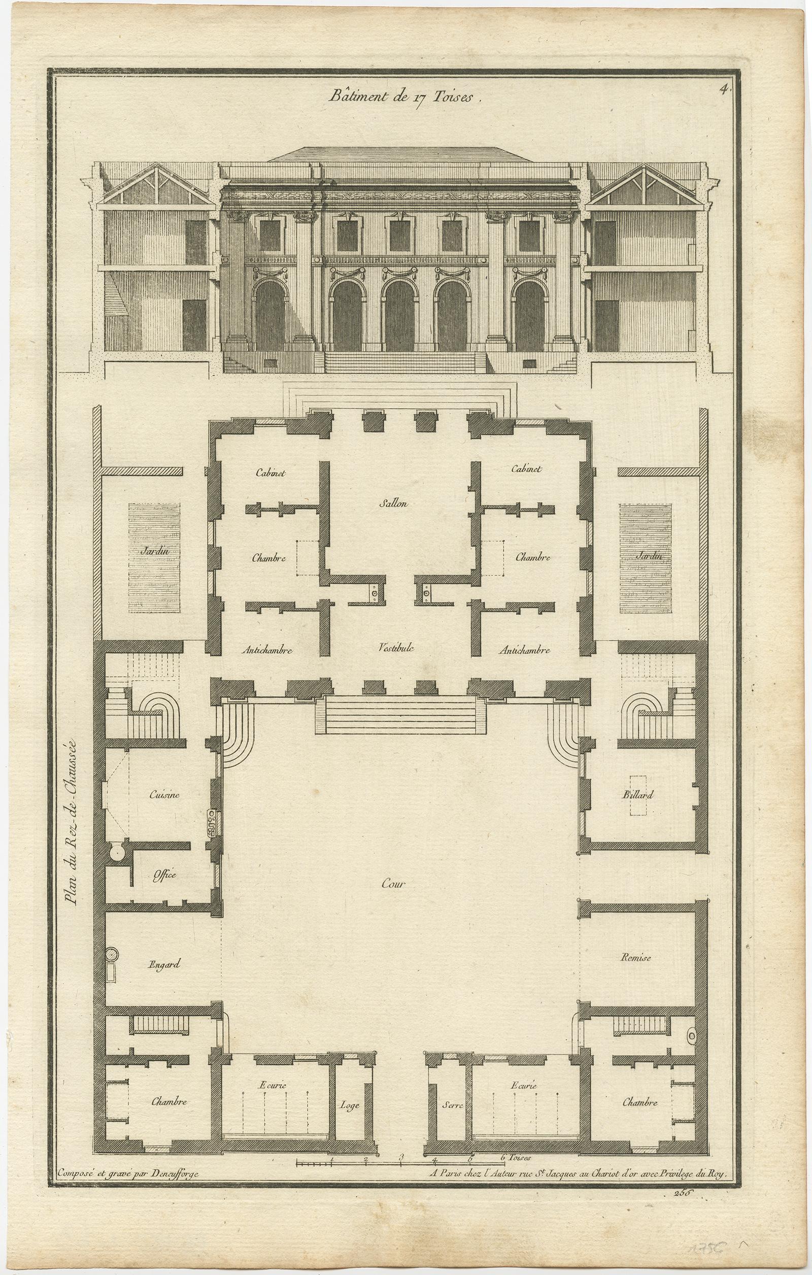 Paper Set of Four Antique Archicture Prints of Various Building Plans and Facades For Sale