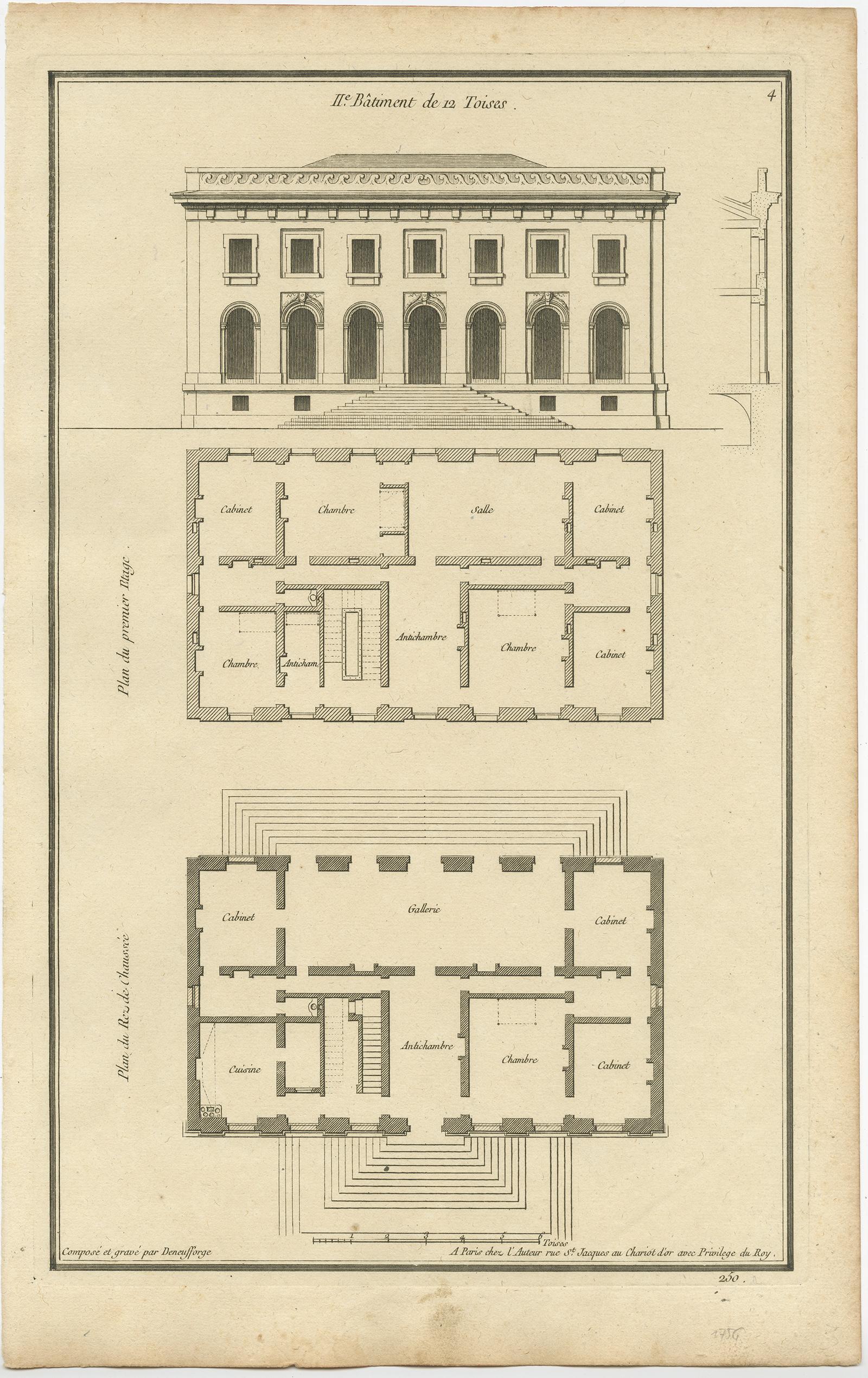 18th Century Set of Four Antique Archicture Prints of Various Building Plans and Facades For Sale