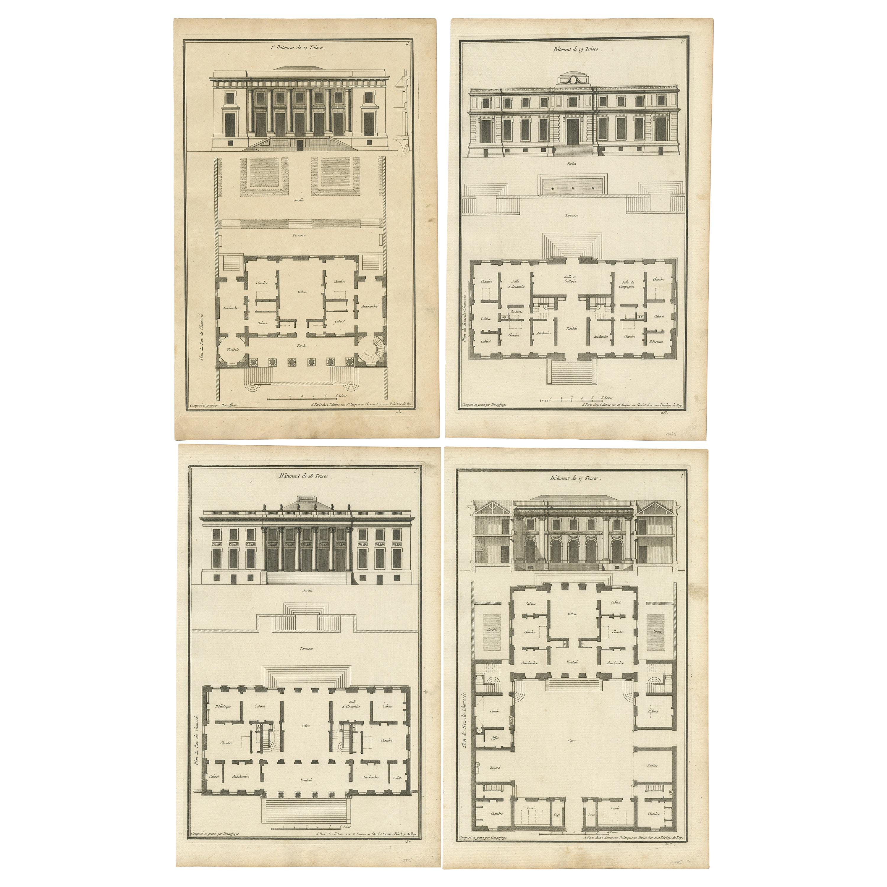 Satz von vier antiken Fotodrucken verschiedener Gebäudepläne und -fassaden