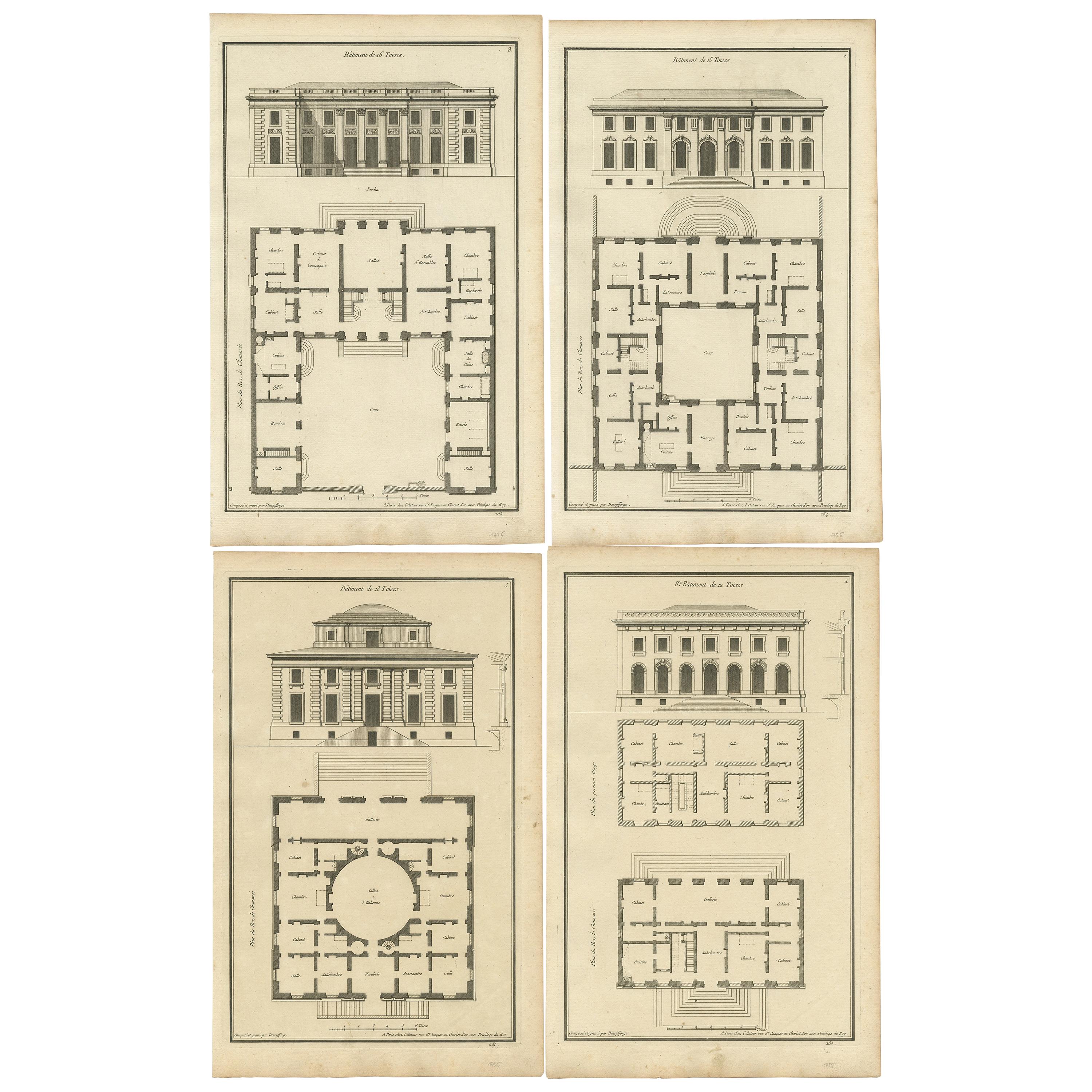 Conjunto de cuatro grabados antiguos de varios planos de edificios y fachadas
