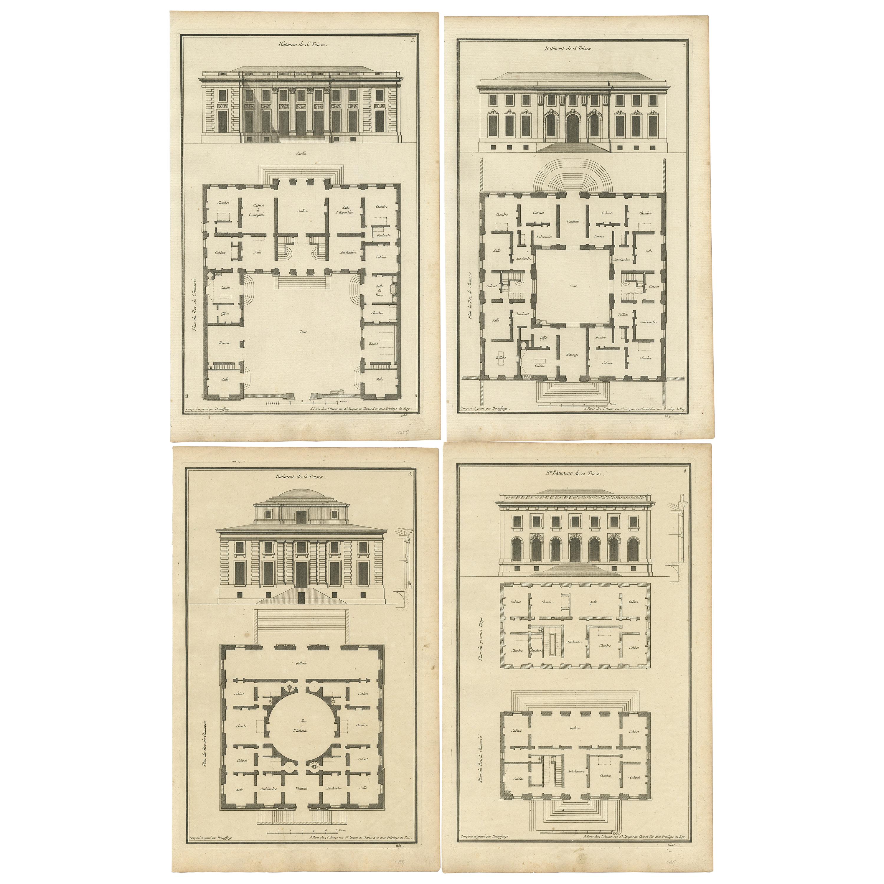 Set of Four Antique Archicture Prints of Various Building Plans and Facades