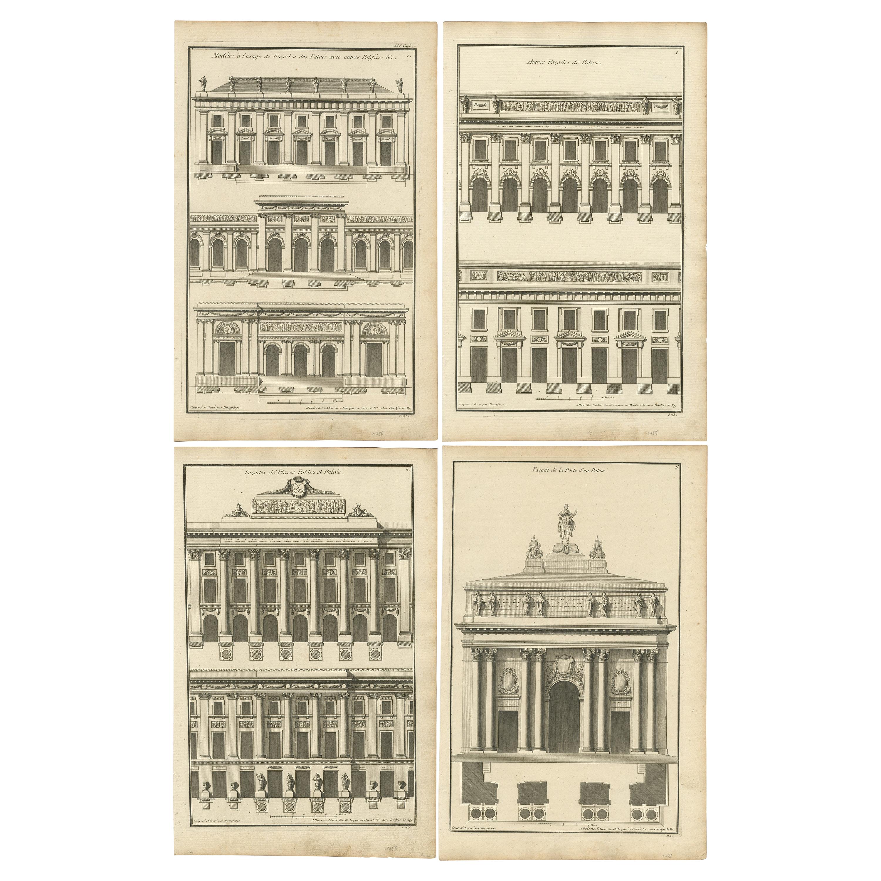 Set von vier antiken Architekturdrucken von Palastfassaden von Neufforge
