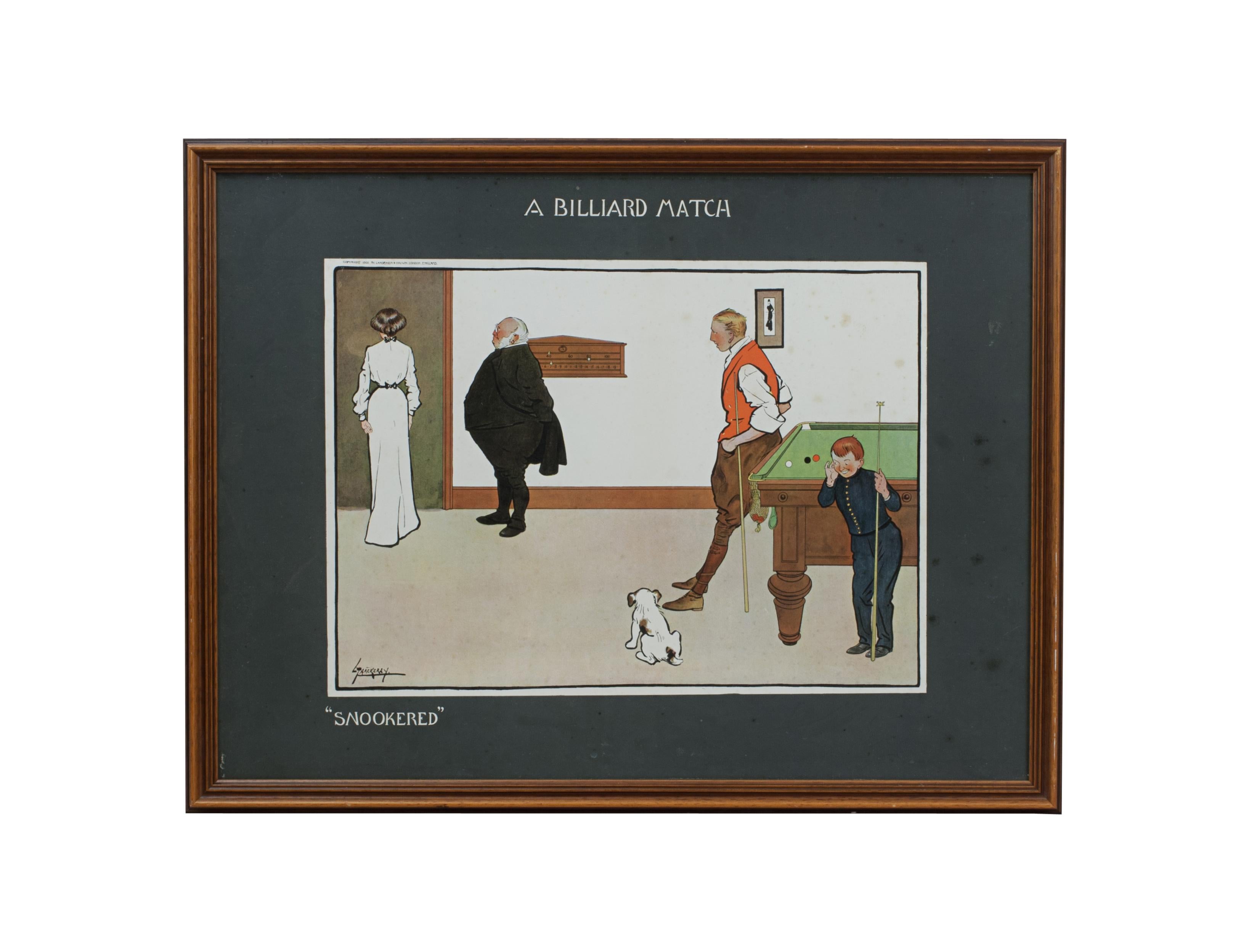 Lance Thackeray Chromolithographien, Ein Billardspiel.
Ein guter Satz von vier originalen humorvollen Billard-Lithographien nach Lance Thackeray mit dem Titel 