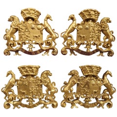 Set of Four Antique Carved Giltwood Coat of Arms Plaques from Spain, circa 1890