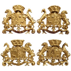 Set of Four Antique Carved Giltwood Coat of Arms Plaques from Spain, circa 1890