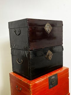 Set of Four Antique Chinese Chests, Lacquered Leather 'Vellum' and Wood