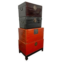 Set of Four Antique Chinese Chests, Lacquered Leather 'Vellum' and Wood