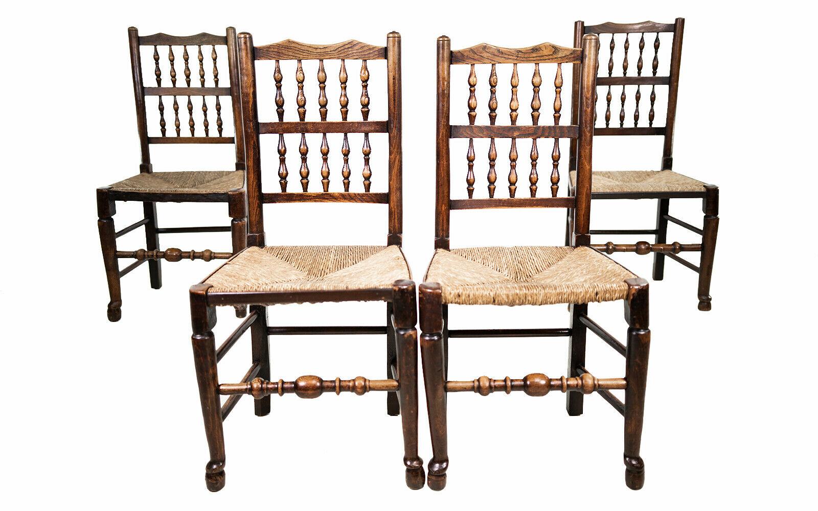 Set of Four Antique Country Farmhouse Elm and Rush Seat Dining Chairs 3