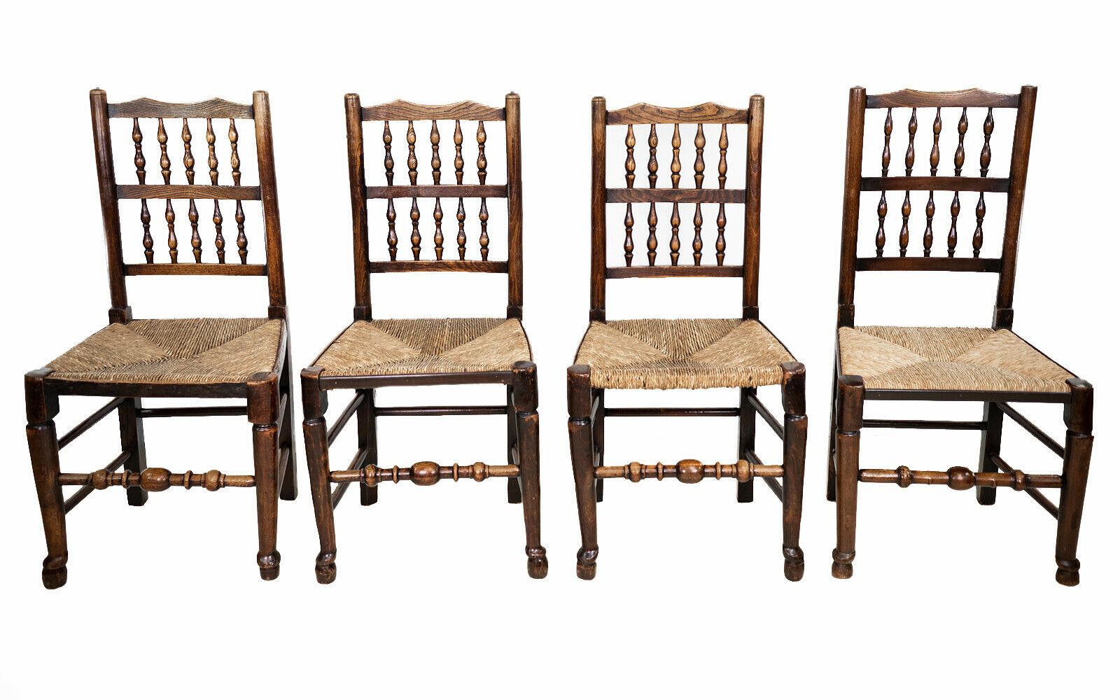 Set of Four Antique Country Farmhouse Elm and Rush Seat Dining Chairs 4