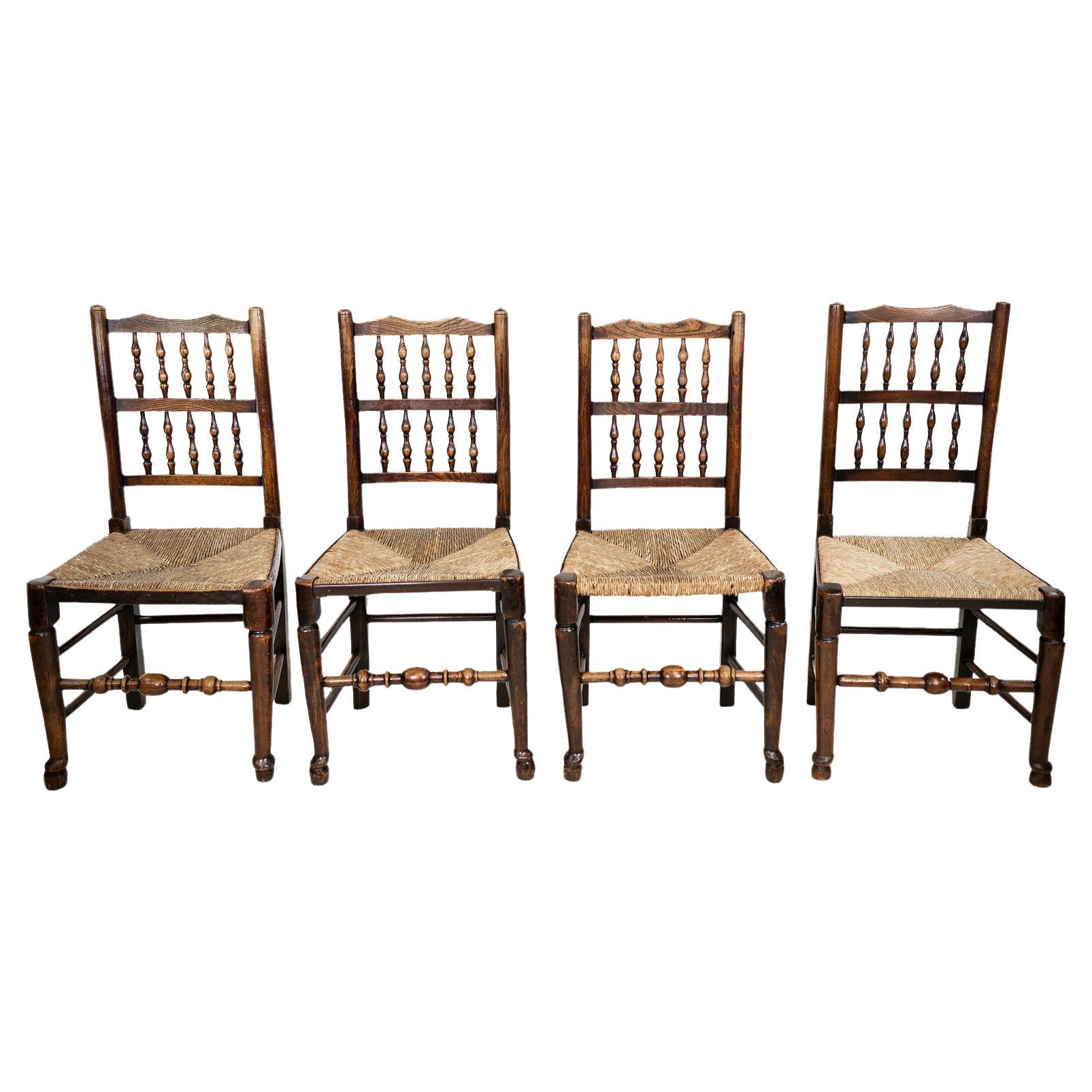 Set of Four Antique Country Farmhouse Elm and Rush Seat Dining Chairs