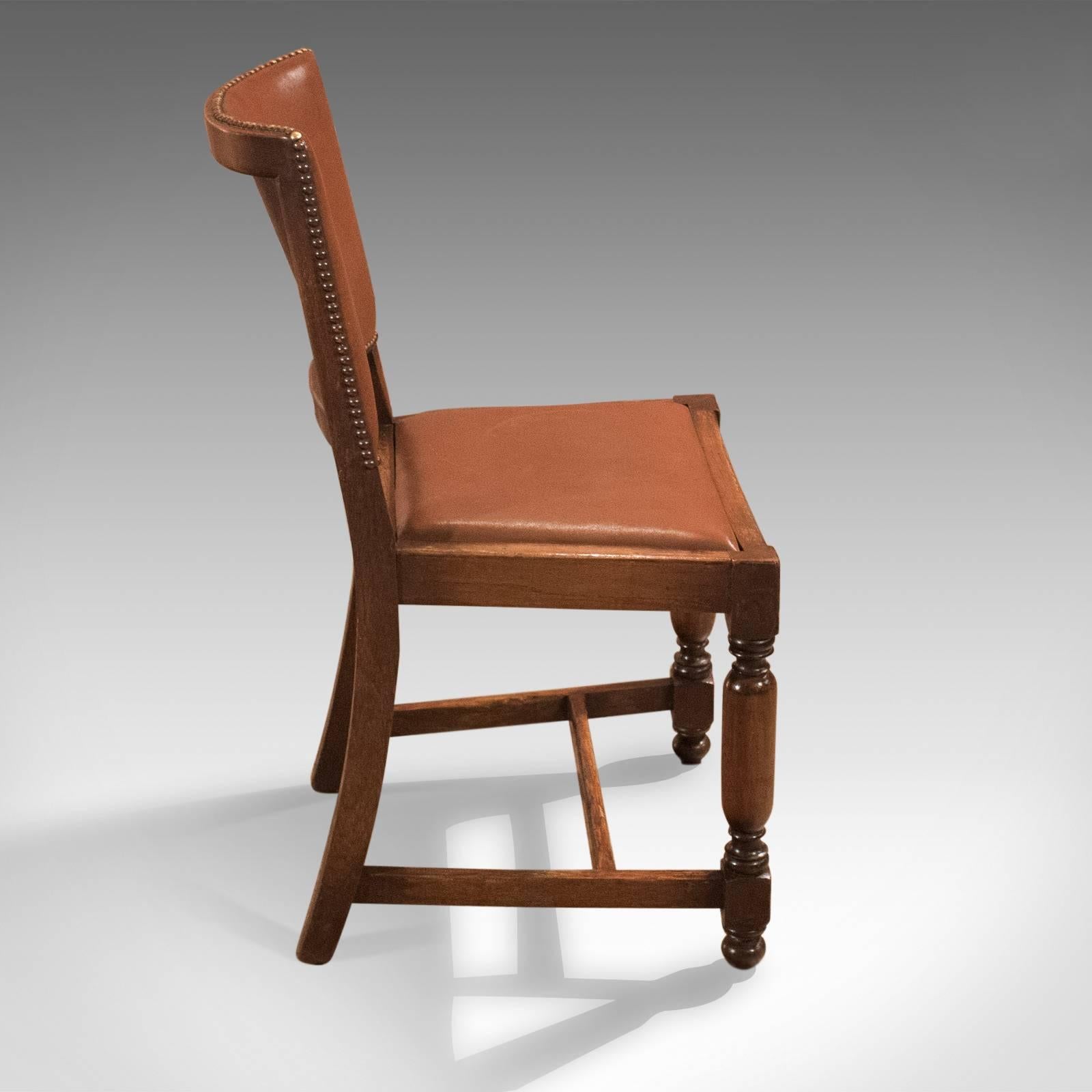 British Set of Four Antique Dining Chairs, Edwardian Oak and Leather, circa 1910