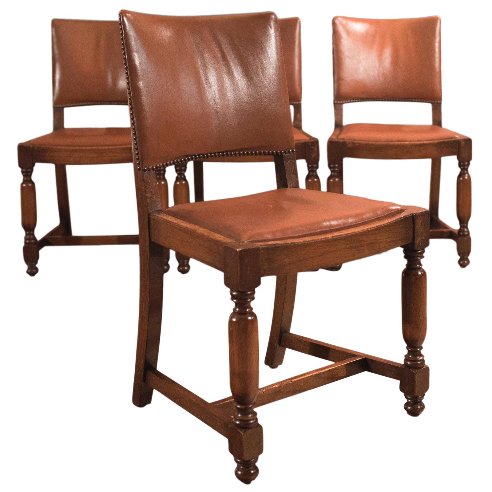 Set of Four Antique Dining Chairs, Edwardian Oak and Leather, circa 1910