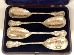 Set of Four Antique English Sheffield Silverplate & Parcel Gilt Spoons in Box
