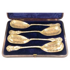 Set of Four Antique English Sheffield Silverplate & Parcel Gilt Spoons in Box