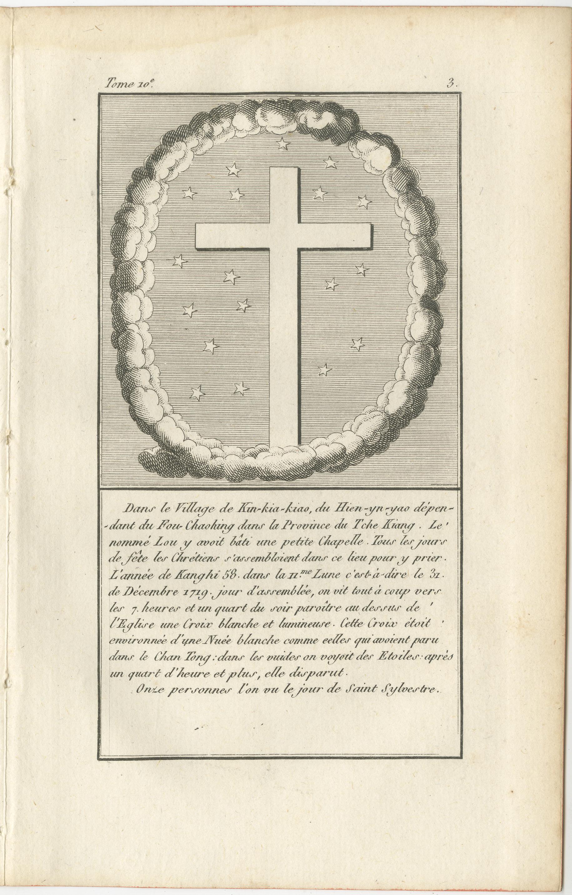 Conjunto de cuatro grabados antiguos de cruces luminosas en el cielo de China, c.1790 Grabado en venta