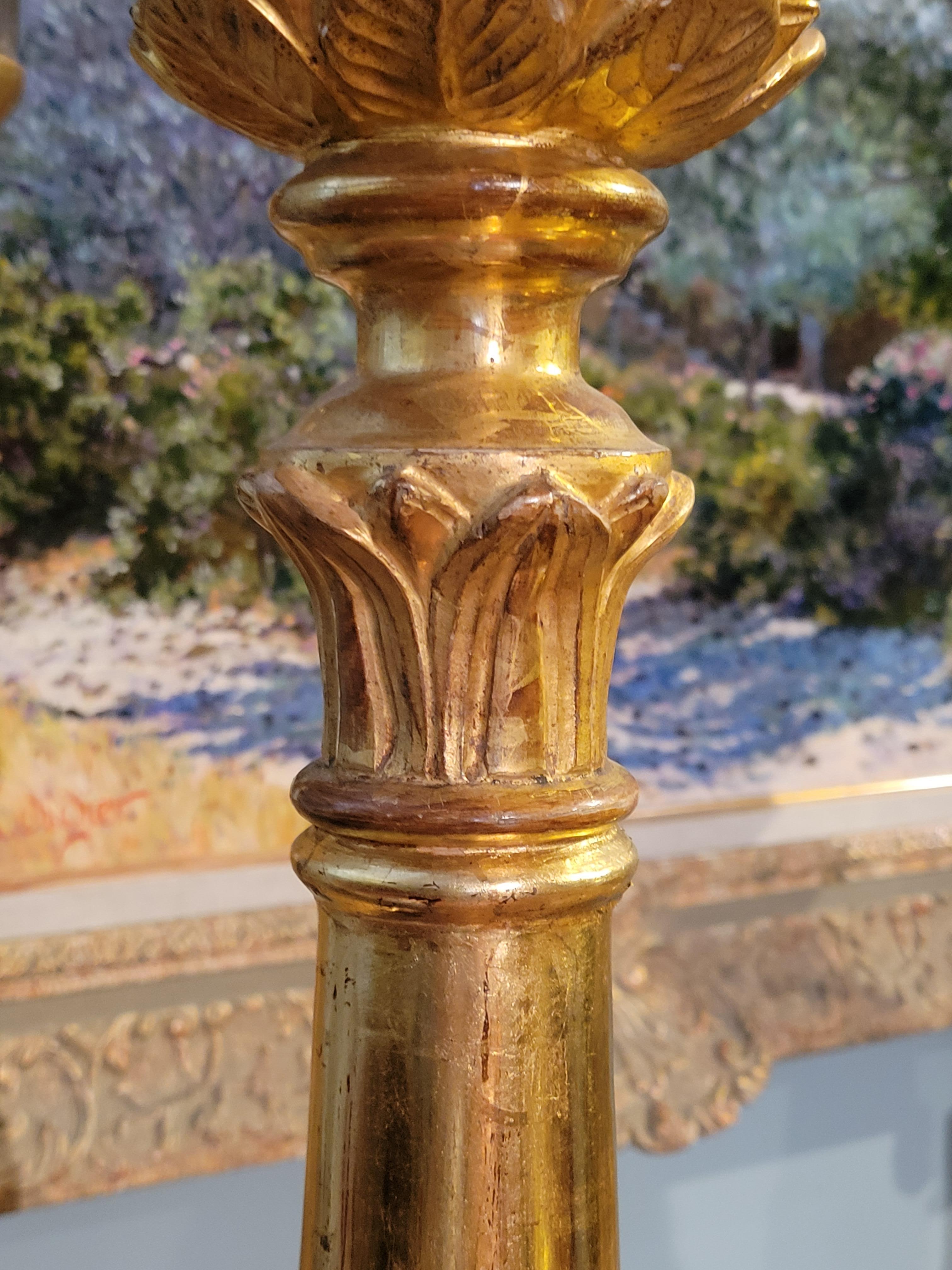Set of Four Antique French Carved Giltwood Cathedral Candlesticks, Circa 1860. For Sale 3