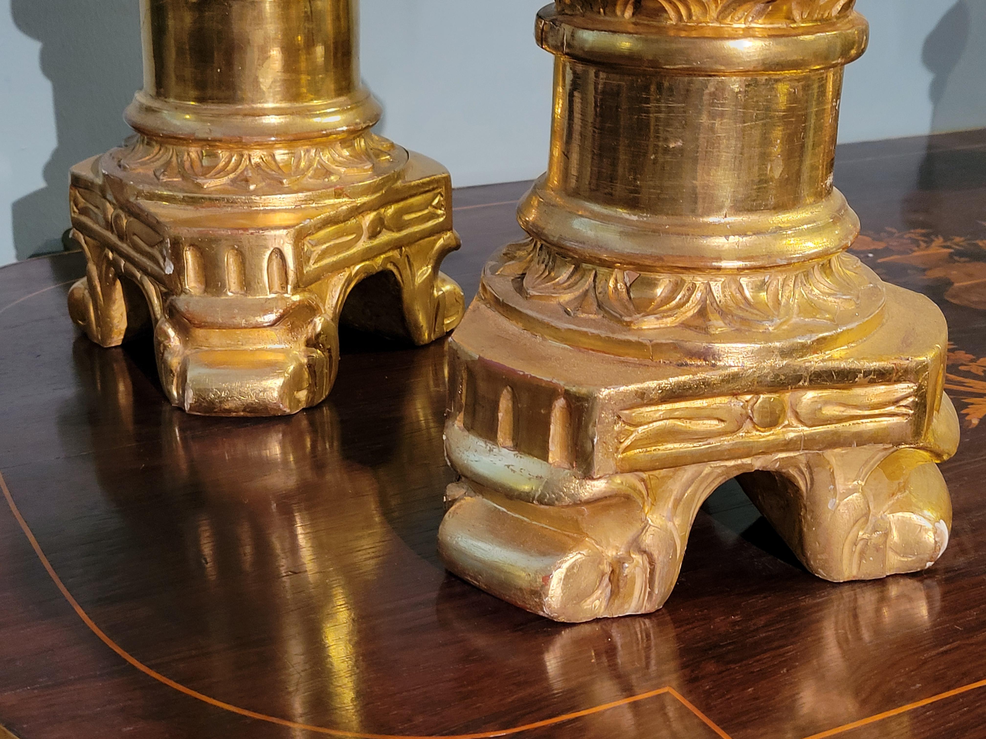 Set of Four Antique French Carved Giltwood Cathedral Candlesticks, Circa 1860. For Sale 7